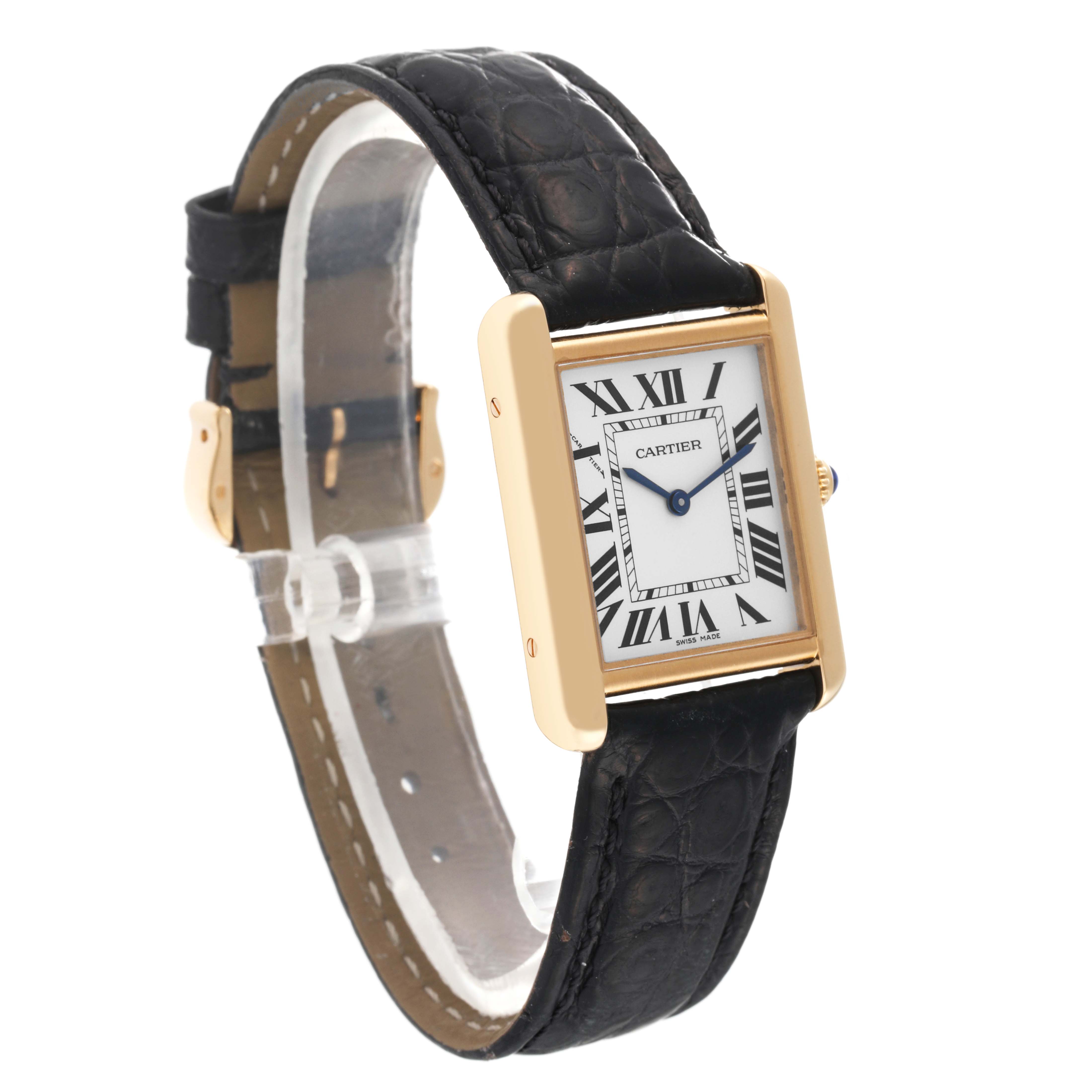 This image shows a Cartier Tank Solo W5200002 Women
s Steel and Gold (two tone) Silver Dial W5200002 Women
s Steel and Gold (two tone) Silver Dial watch at a three-quarter angle, highlighting its rectangular face, Roman numerals, and black leather strap.