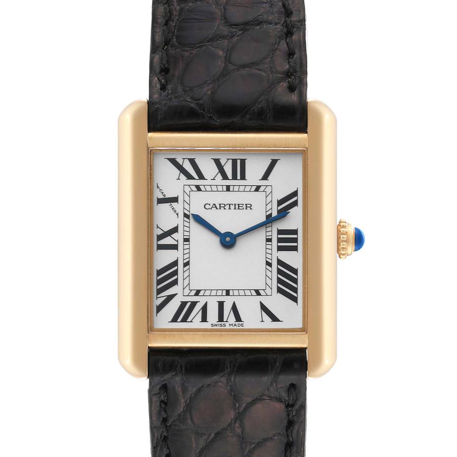 The image shows a front view of the Cartier Tank Solo watch, highlighting its rectangular face, Roman numerals, and leather strap.