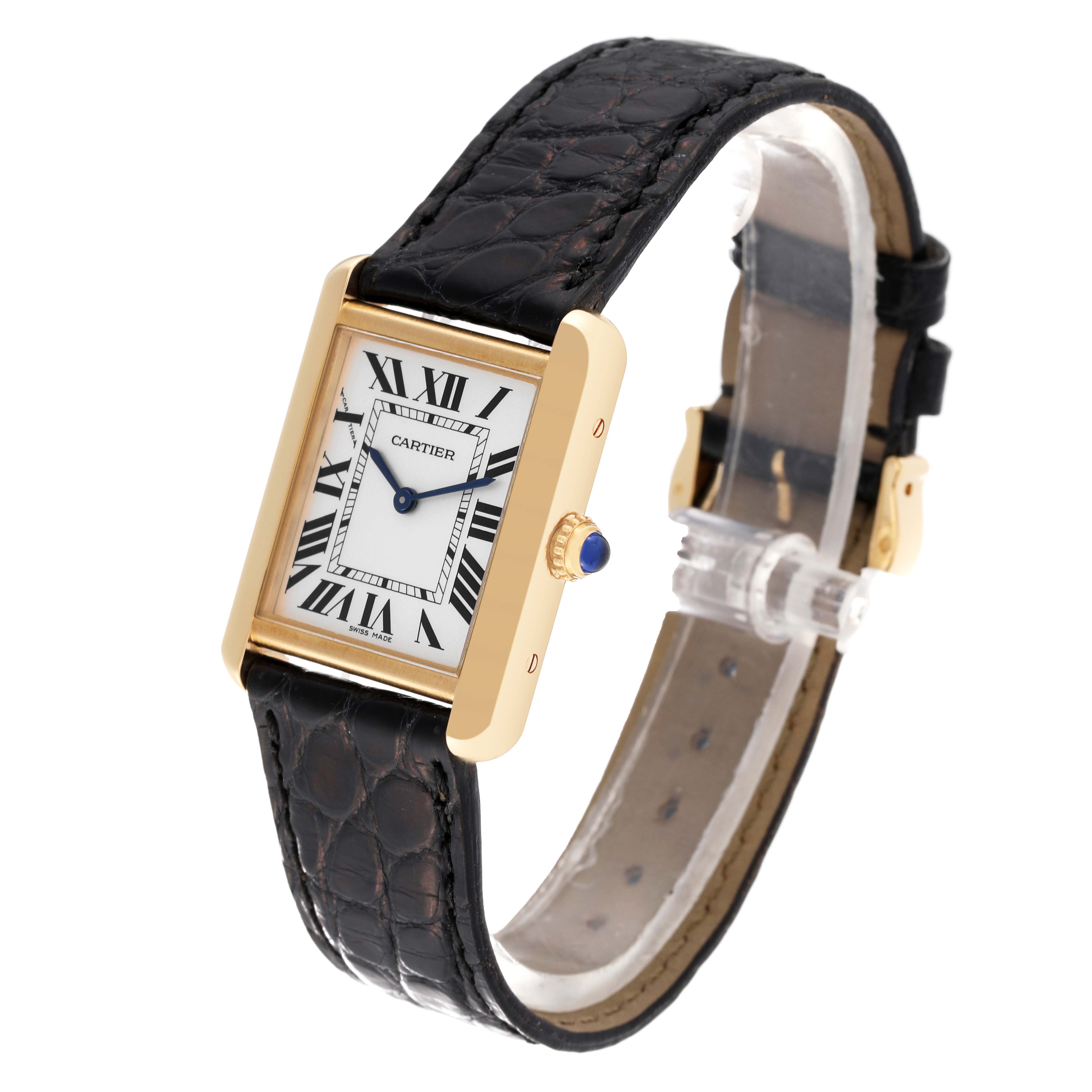 The image shows a Cartier Tank Solo W5200002 Women
s Steel and Gold (two tone) Silver Dial W5200002 Women
s Steel and Gold (two tone) Silver Dial watch at an angled side view, highlighting its face, bezel, strap, and crown.