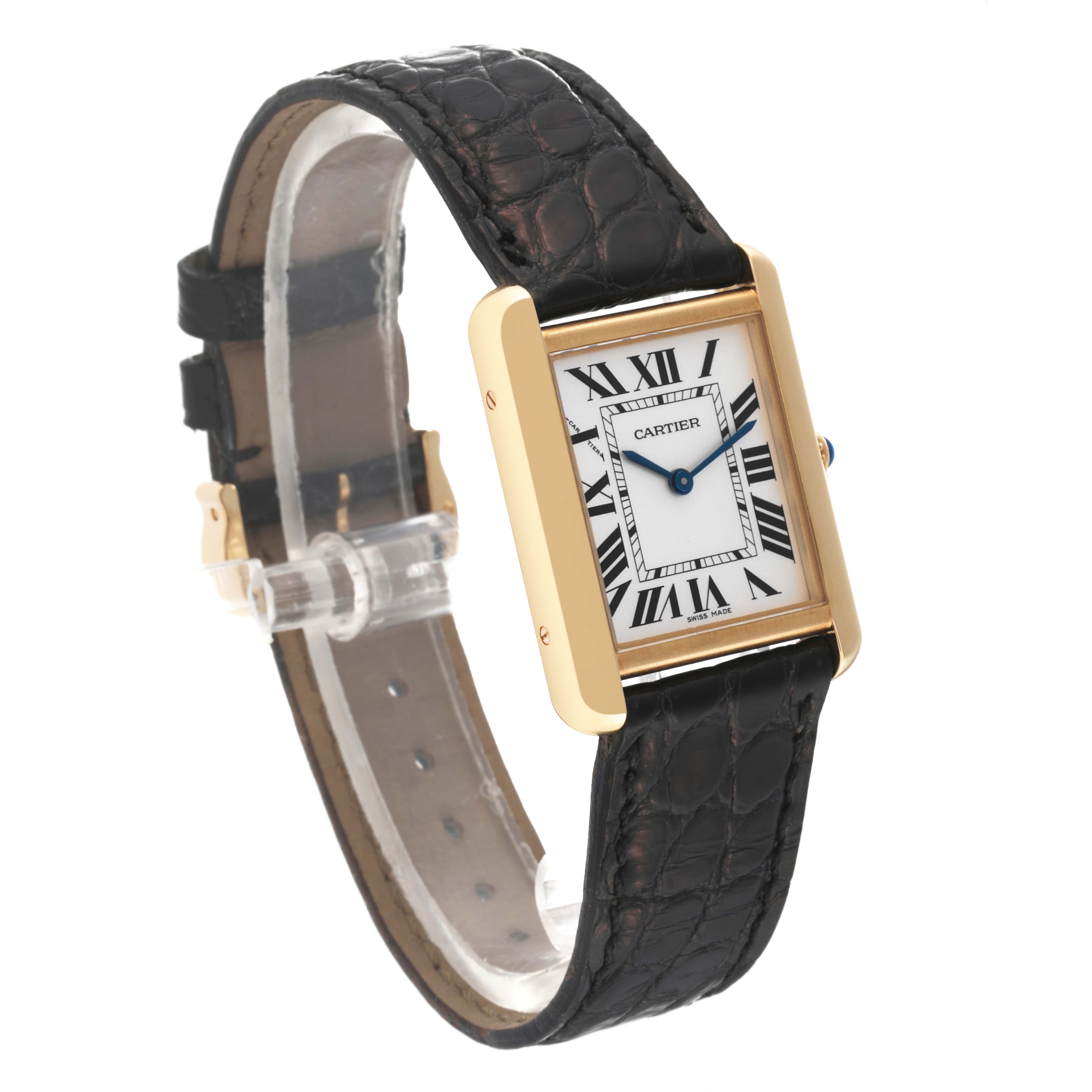 This image shows a Cartier Tank Solo W5200002 Women
s Steel and Gold (two tone) Silver Dial W5200002 Women
s Steel and Gold (two tone) Silver Dial watch from an angled view, highlighting its dial, bezel, and leather strap.