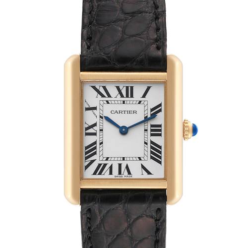 The image shows a close-up of a Cartier Tank Solo watch, displaying the face, Roman numerals, and part of the strap.