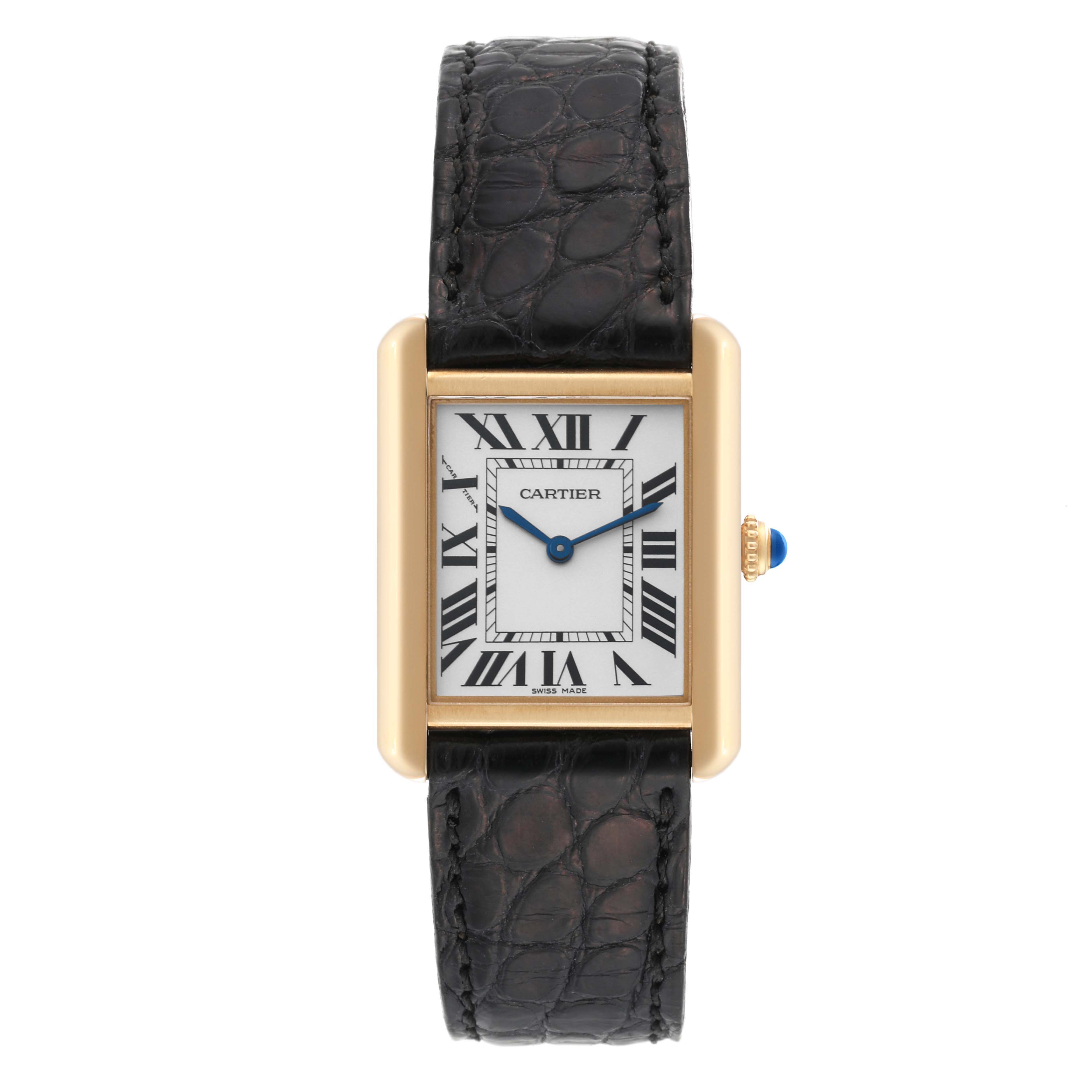 This image shows a front view of the Cartier Tank Solo W5200002 Women
s Steel and Gold (two tone) Silver Dial W5200002 Women
s Steel and Gold (two tone) Silver Dial watch, highlighting the rectangular dial, Roman numerals, and leather strap.