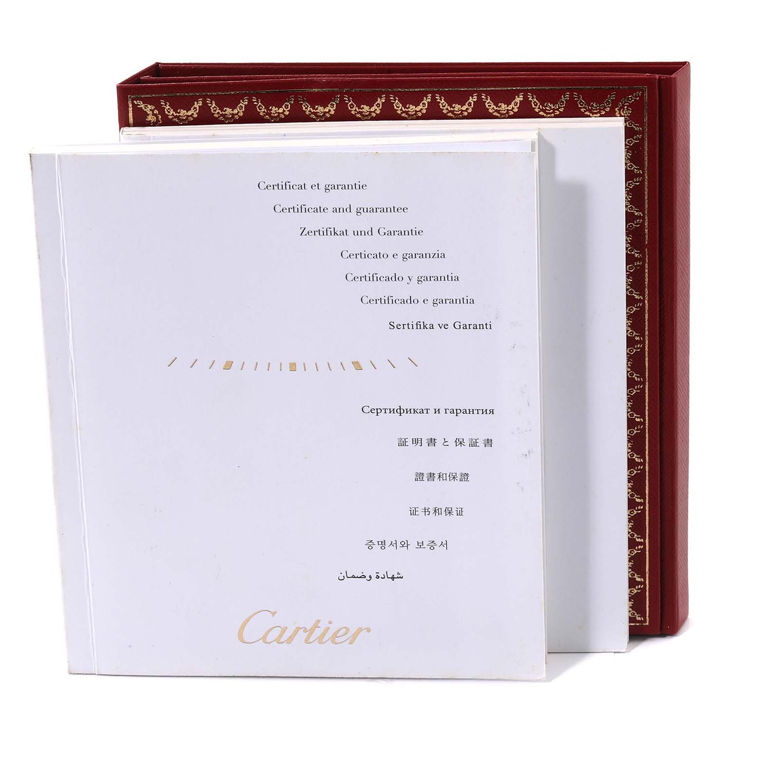 The image shows the certificate and guarantee paperwork for the Cartier Tank Solo W5200002 Women
s Steel and Gold (two tone) Silver Dial W5200002 Women
s Steel and Gold (two tone) Silver Dial model, along with a red decorative box.