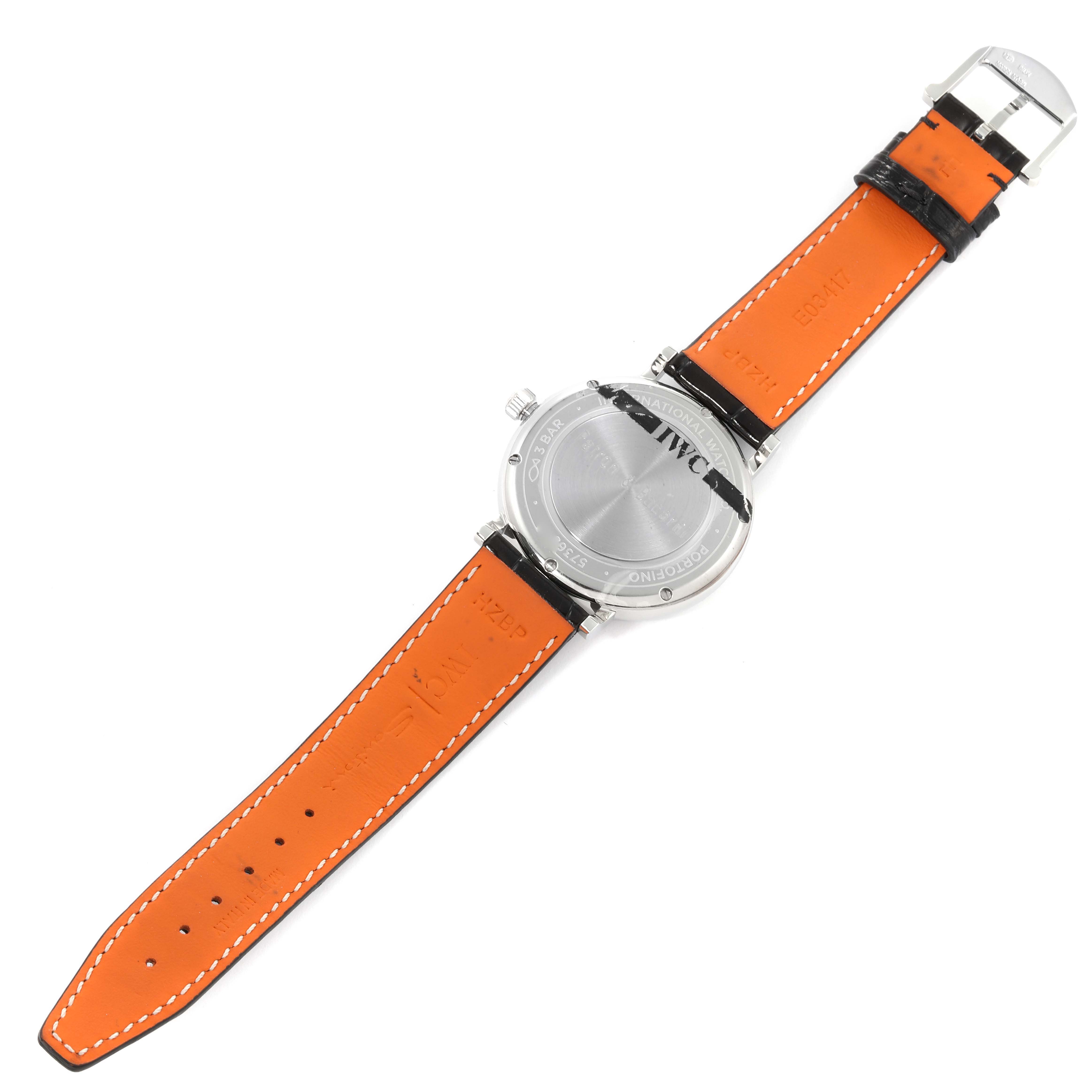 The image shows the back view of an IWC Portofino IW458102 Men's Stainless Steel Grey Dial IW458102 Men's Stainless Steel Grey Dial watch, displaying the case back and orange leather strap.