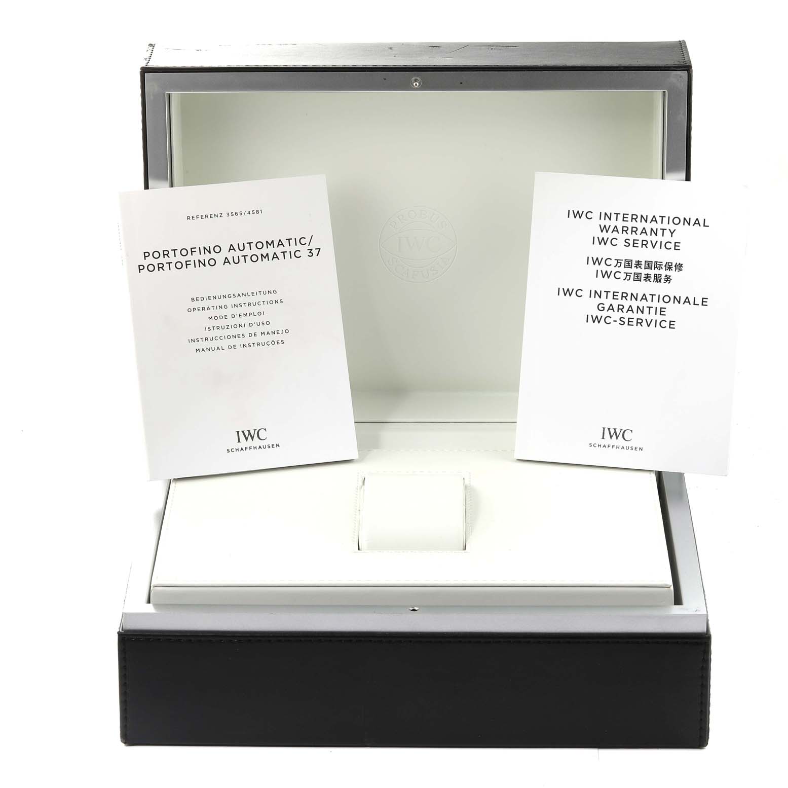 The image shows the presentation box and manuals for the IWC Portofino IW458102 Men's Stainless Steel Grey Dial IW458102 Men's Stainless Steel Grey Dial model watch.