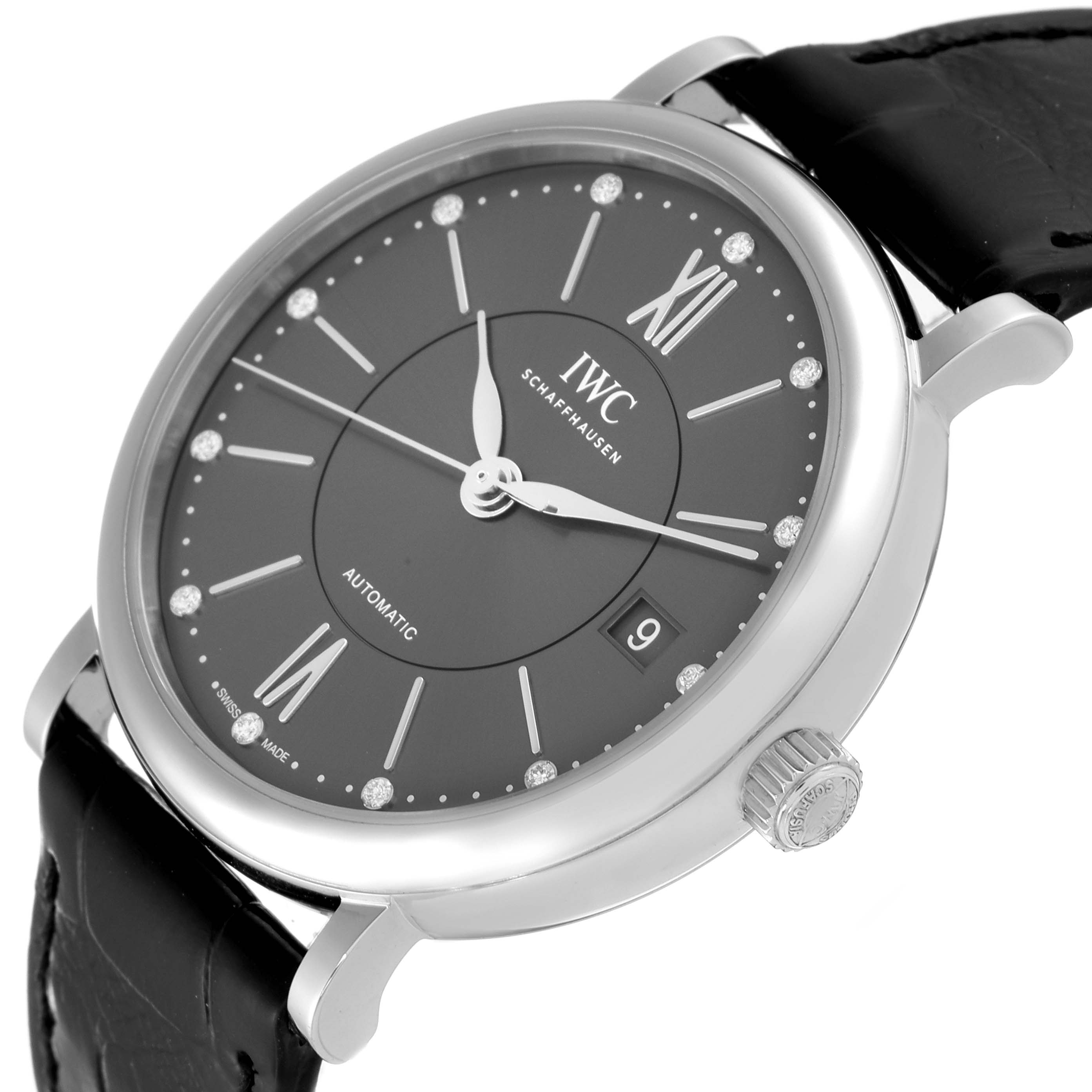 The image shows a side angle of an IWC Portofino IW458102 Men's Stainless Steel Grey Dial IW458102 Men's Stainless Steel Grey Dial watch, highlighting its face, crown, and black leather strap.