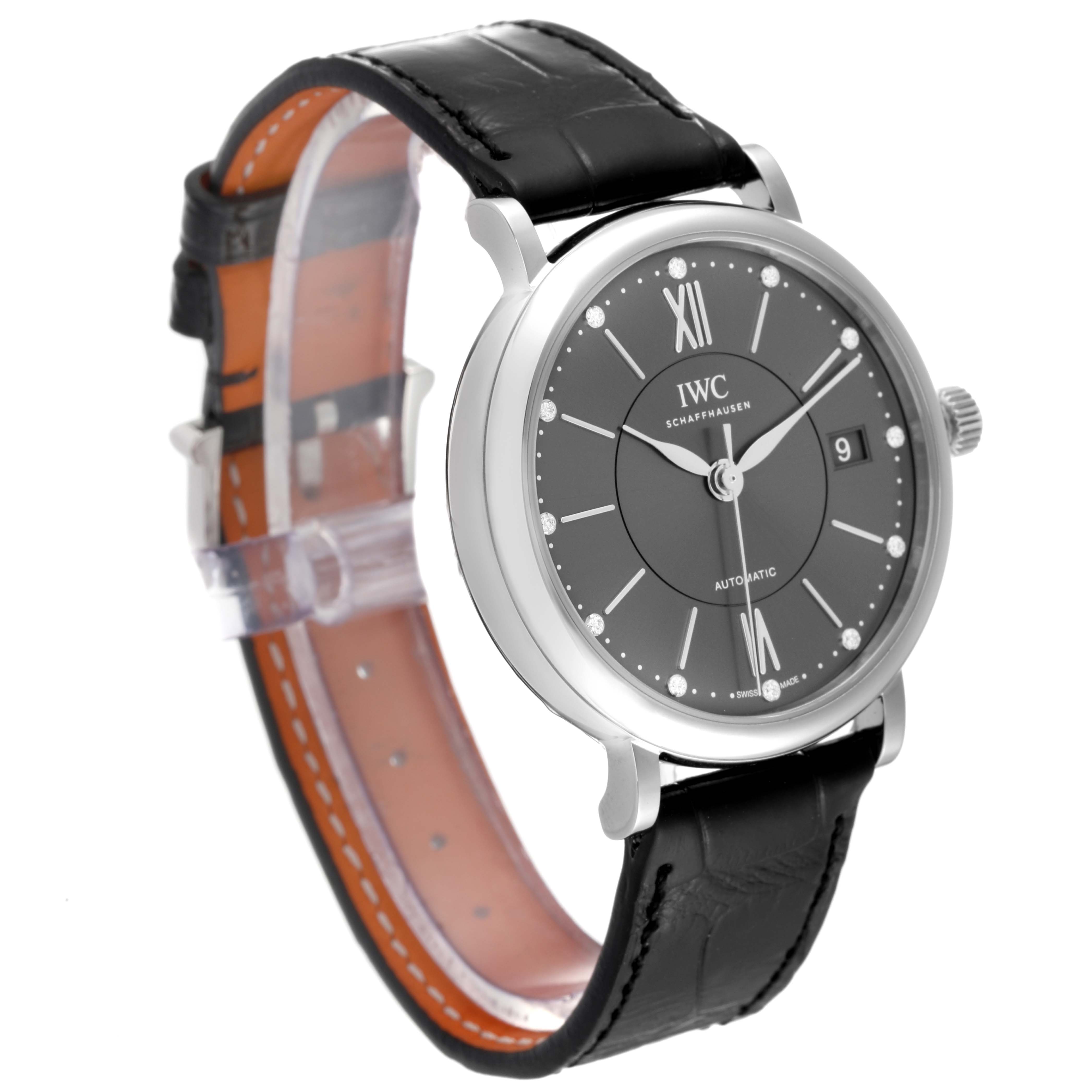 The IWC Portofino IW458102 Men's Stainless Steel Grey Dial IW458102 Men's Stainless Steel Grey Dial watch is shown at a 3/4 angle, displaying the dial, case, crown, and black leather strap.