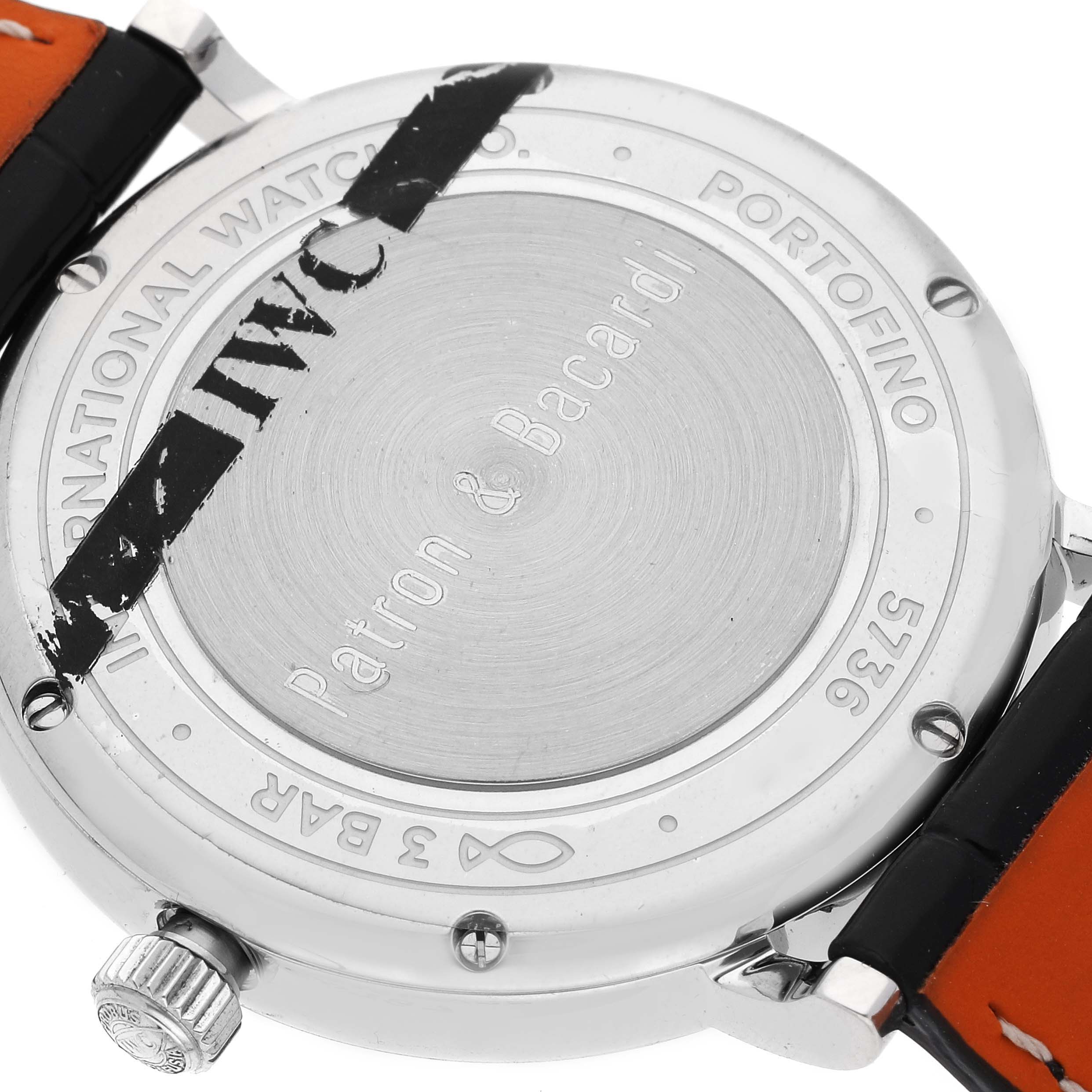 The image shows the back case and part of the straps of an IWC Portofino IW458102 Men's Stainless Steel Grey Dial IW458102 Men's Stainless Steel Grey Dial watch.