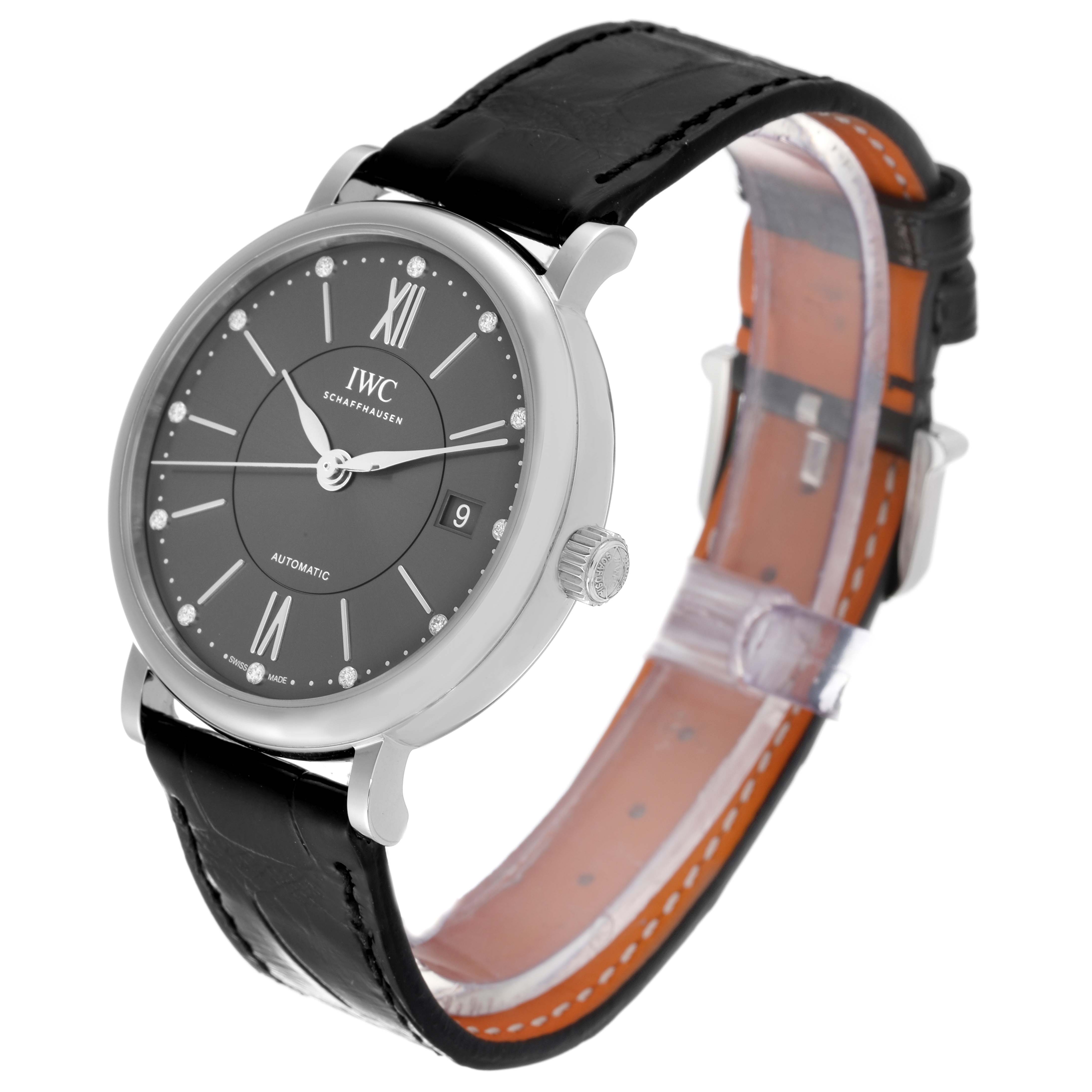 The IWC Portofino IW458102 Men's Stainless Steel Grey Dial IW458102 Men's Stainless Steel Grey Dial watch is shown at a slight angle, displaying its face, bezel, crown, and black leather strap.