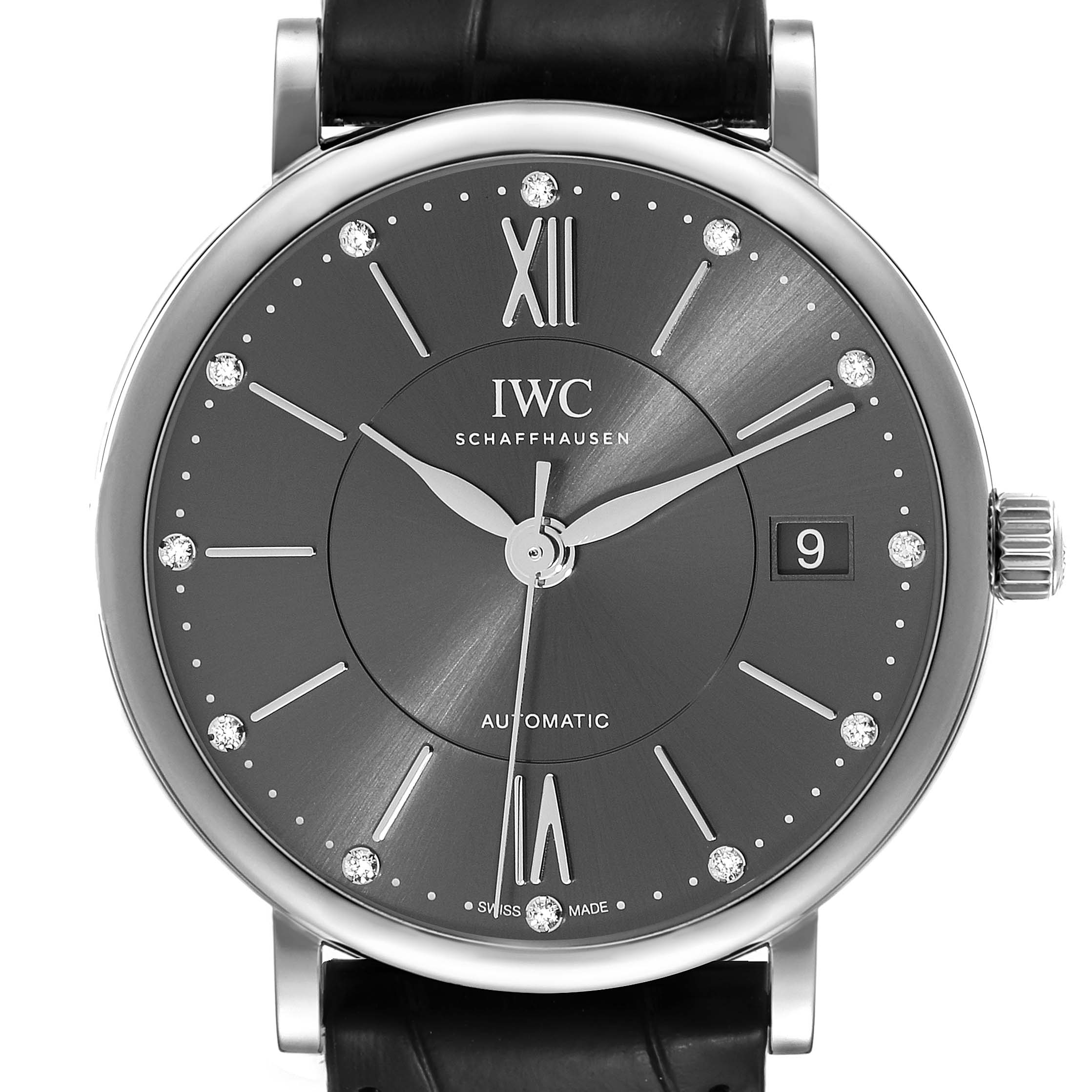 The image shows a front view of the IWC Portofino IW458102 Men's Stainless Steel Grey Dial IW458102 Men's Stainless Steel Grey Dial watch, highlighting the dial, hands, indices, and date window.