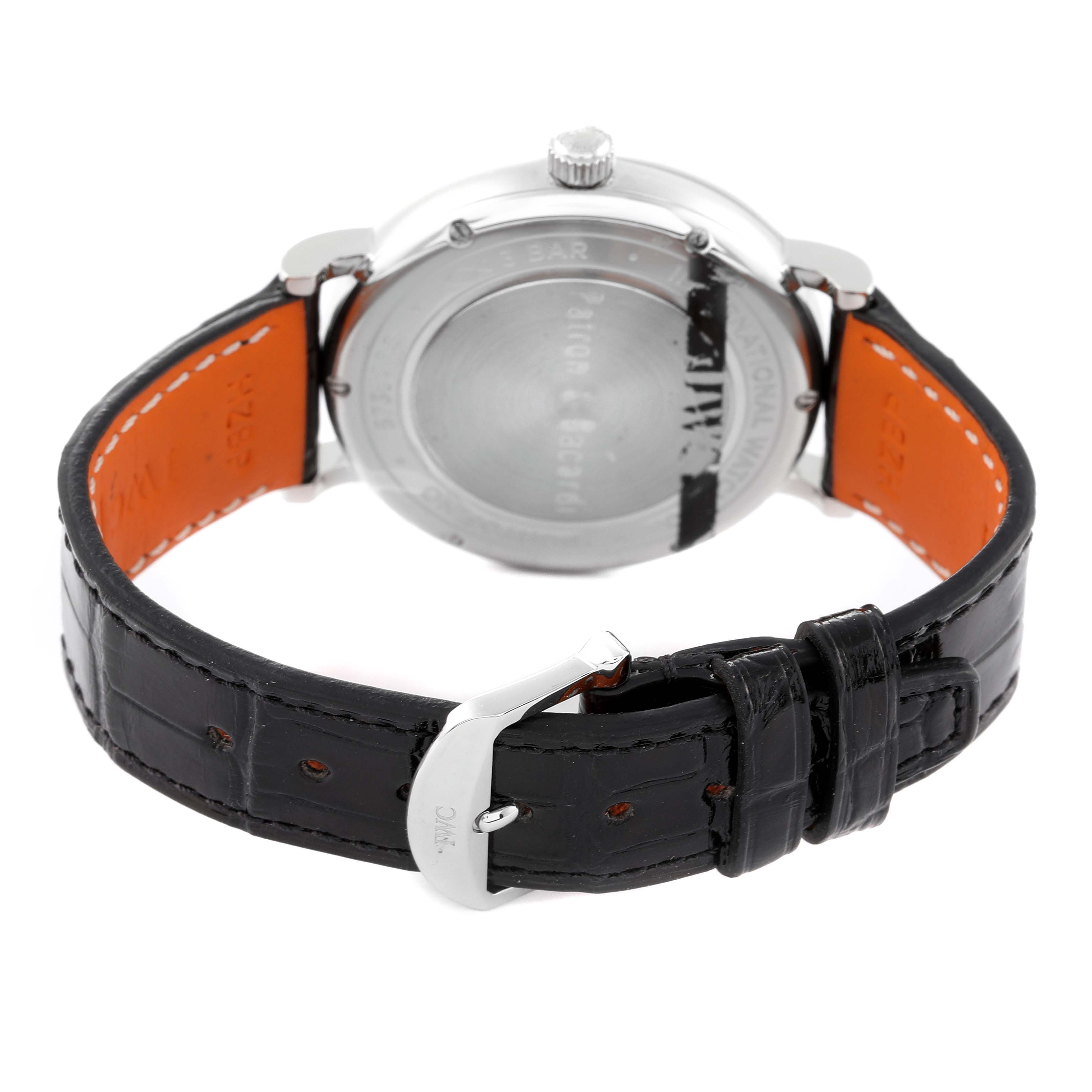 This image shows the back view of an IWC Portofino IW458102 Men's Stainless Steel Grey Dial IW458102 Men's Stainless Steel Grey Dial watch, featuring the case back and black leather strap with buckle.