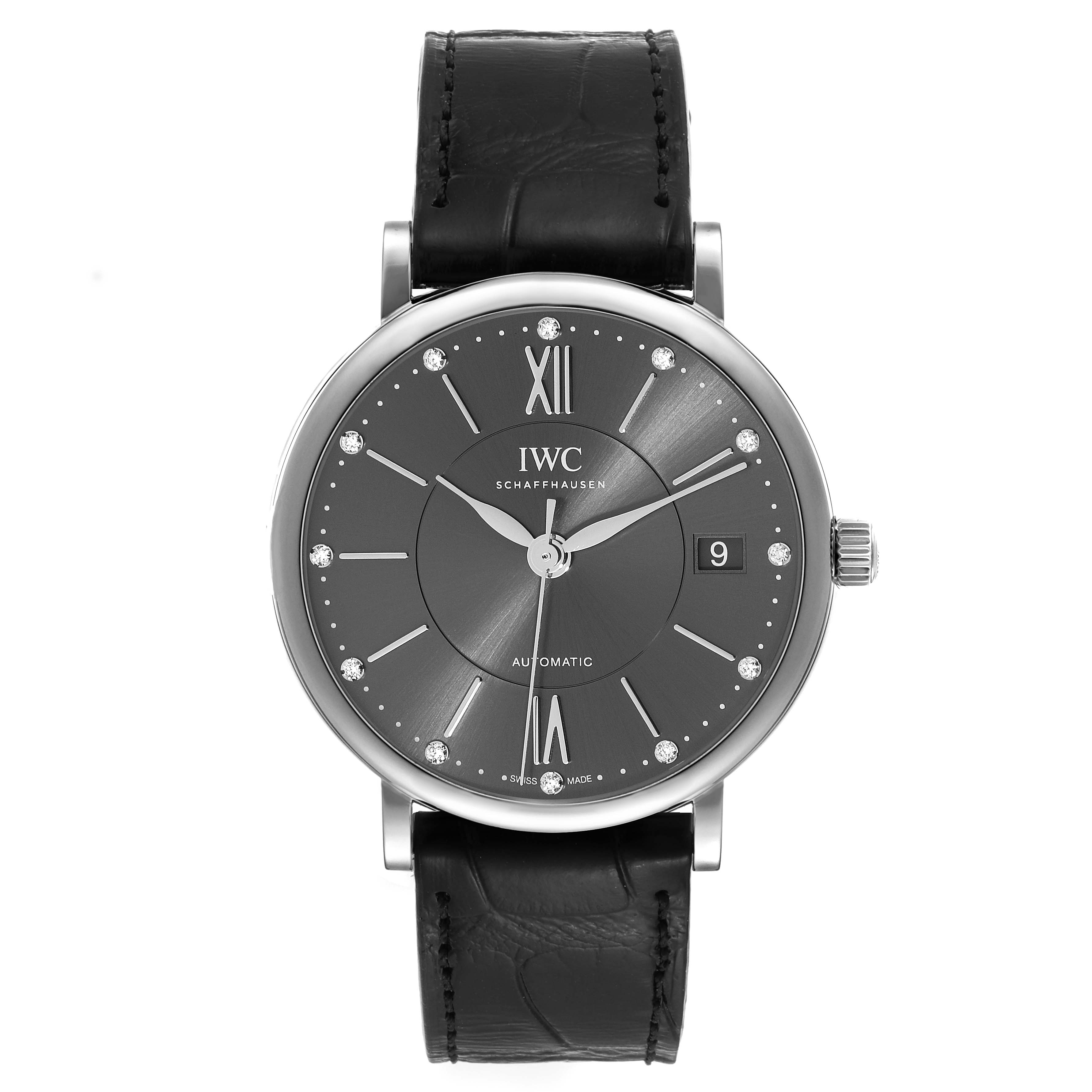 This image shows a front view of the IWC Portofino IW458102 Men's Stainless Steel Grey Dial IW458102 Men's Stainless Steel Grey Dial watch, highlighting its face, hands, dial, and black leather strap.