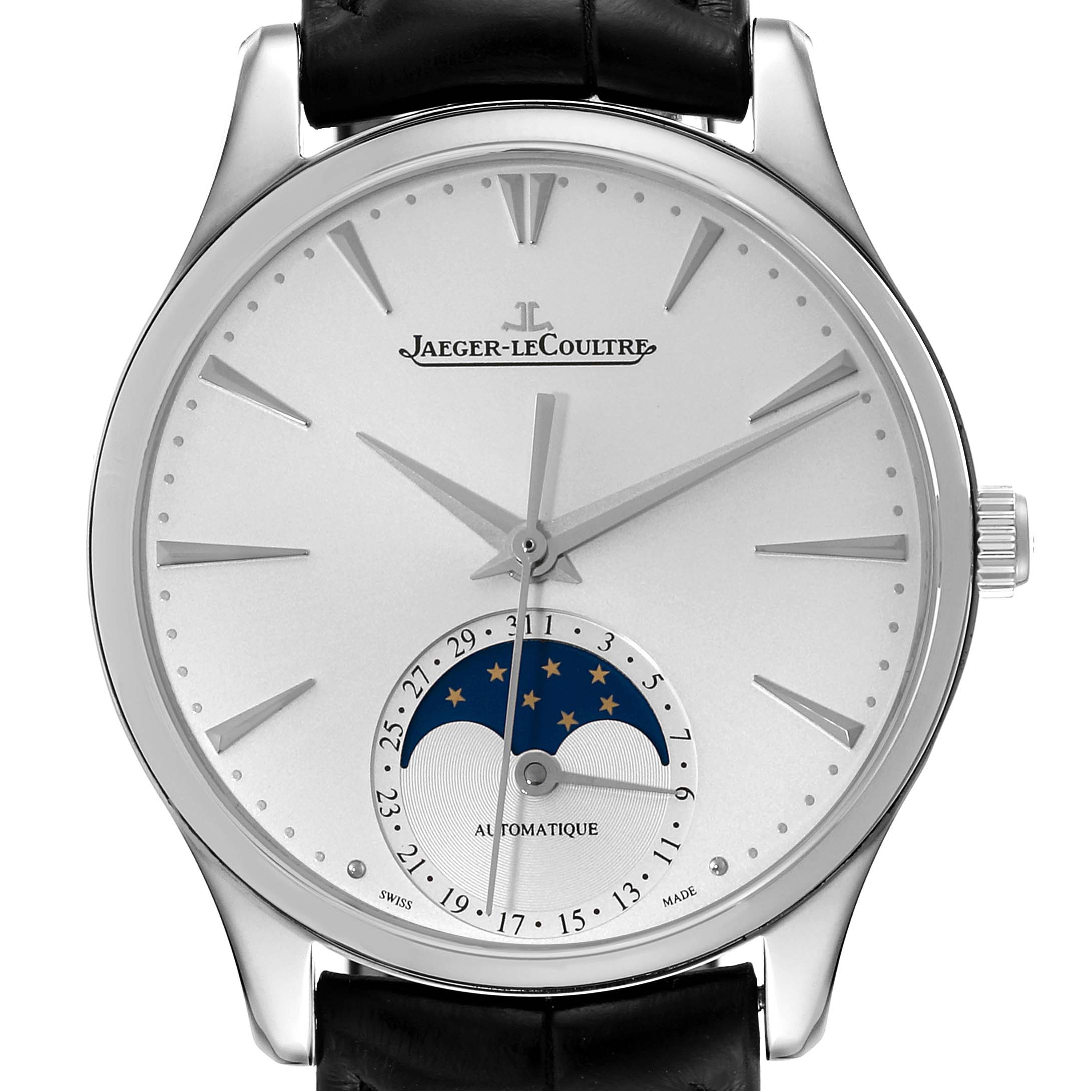 This image shows a front view of the Jaeger-LeCoultre Master model, displaying its dial, indices, hands, and moon phase indicator.