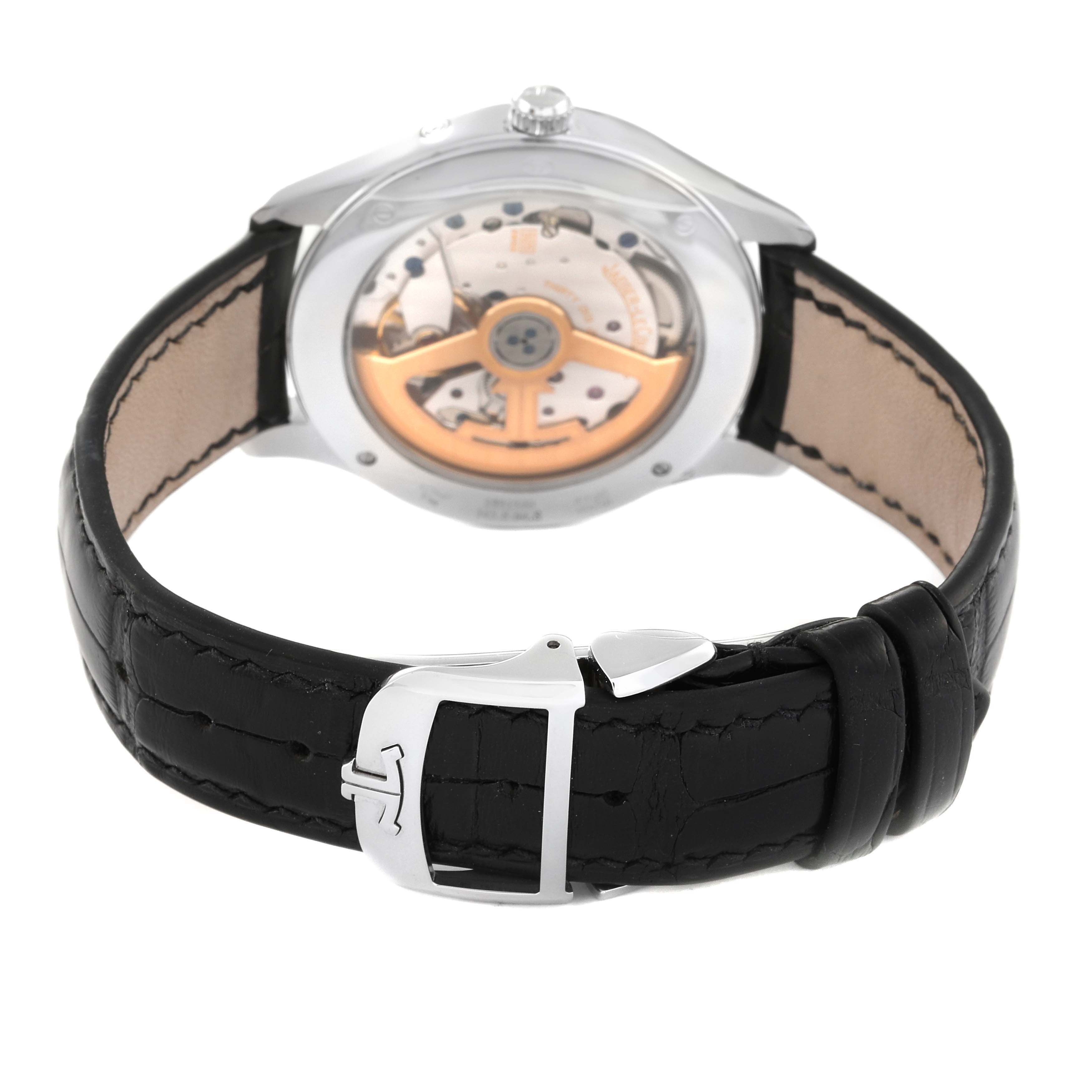 This image shows the back view of the Jaeger LeCoultre Master Q1258420 Men's Stainless Steel Silver Dial Q1258420 Men's Stainless Steel Silver Dial model watch, highlighting its movement and black leather strap.