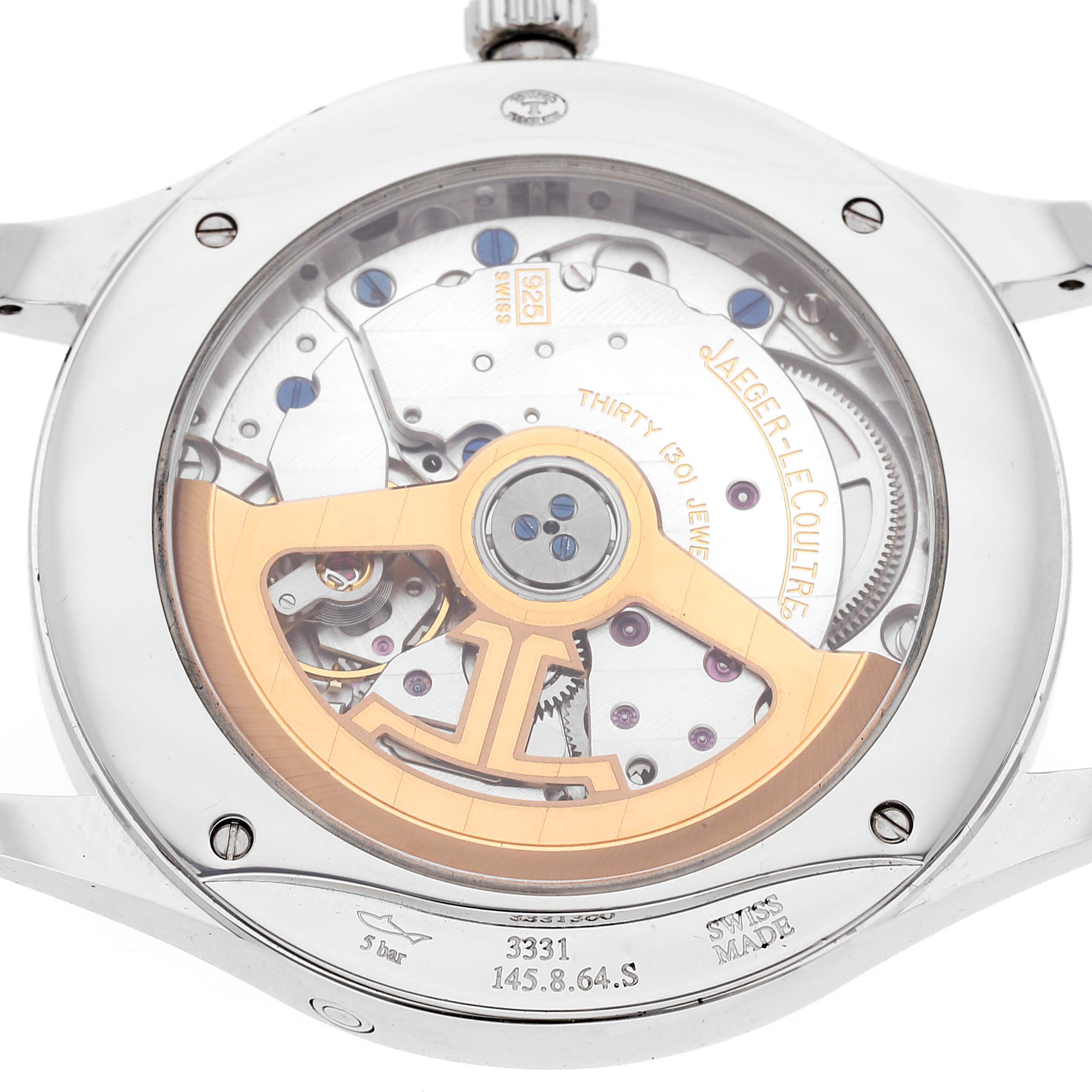The image shows the back view of a Jaeger-LeCoultre Master model watch, revealing its movement and internal mechanics.
