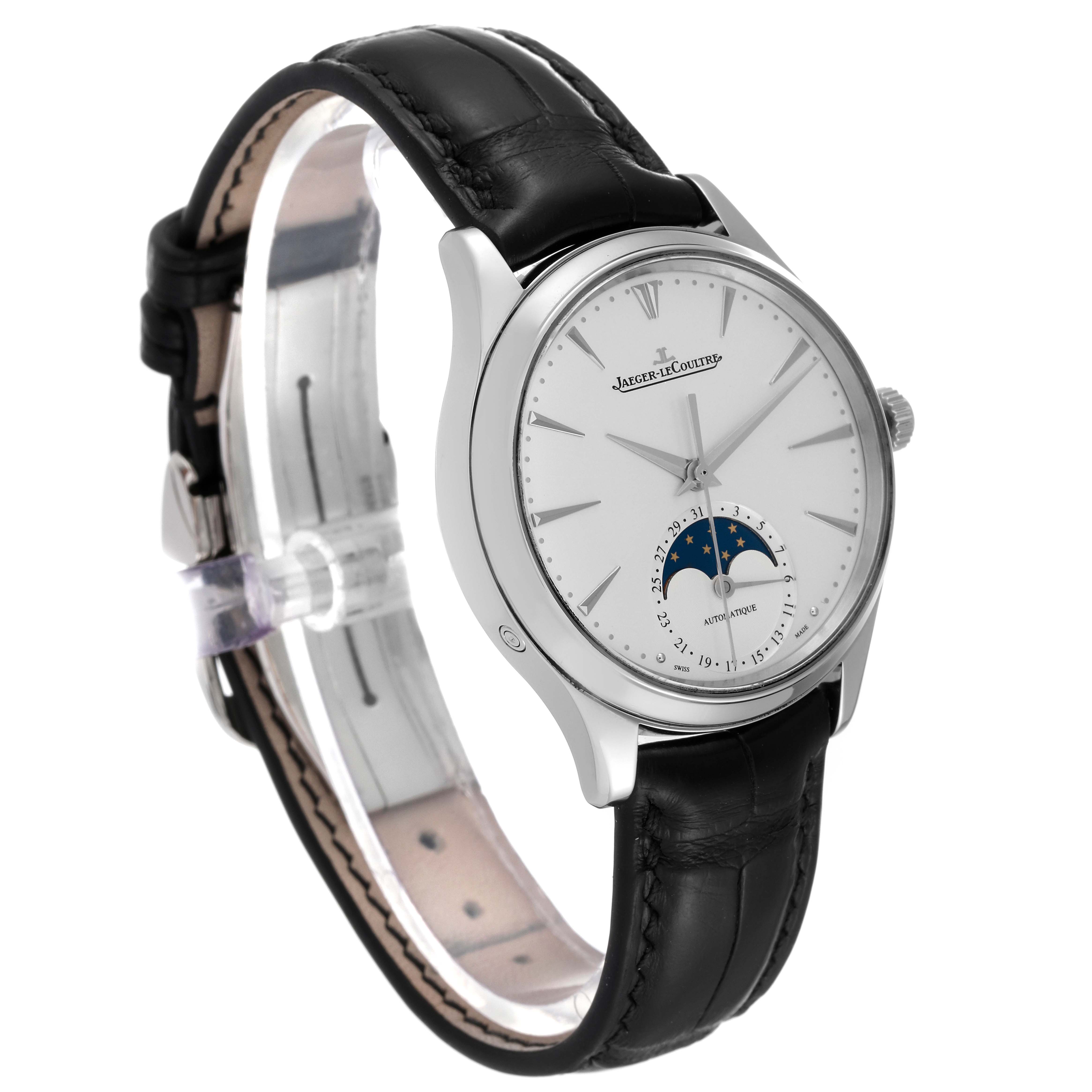 The image shows the Jaeger LeCoultre Master Q1258420 Men's Stainless Steel Silver Dial Q1258420 Men's Stainless Steel Silver Dial model watch at a three-quarter angle, highlighting the dial, case, and leather strap.