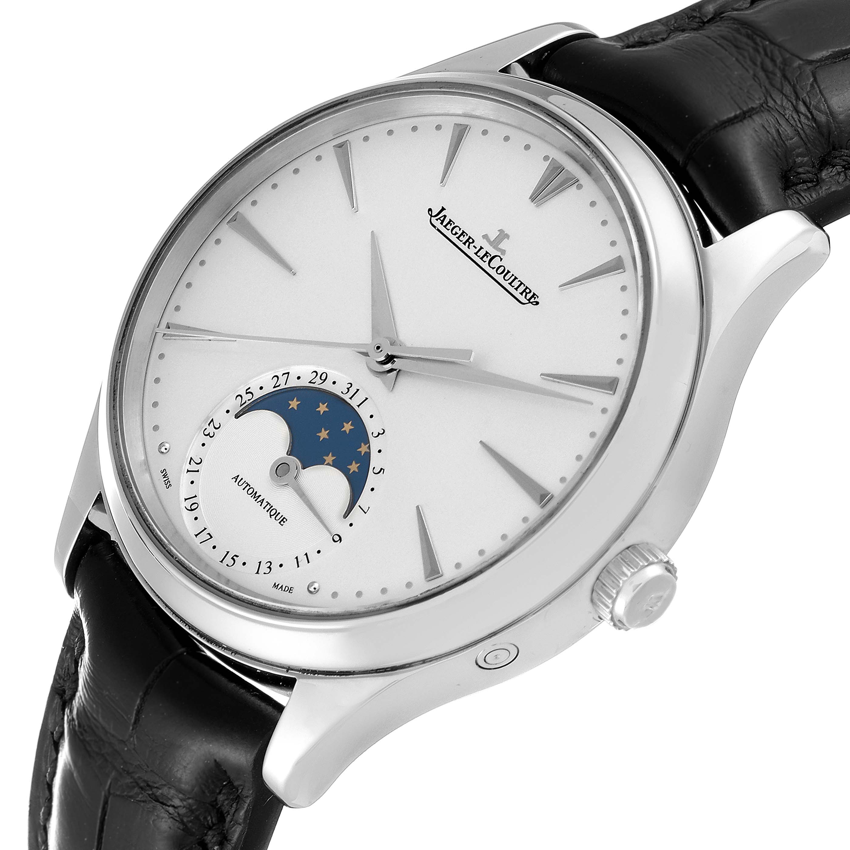 This Jaeger LeCoultre Master Q1258420 Men's Stainless Steel Silver Dial Q1258420 Men's Stainless Steel Silver Dial model watch is shown at a three-quarter angle, highlighting the dial, moon phase, and black leather strap.
