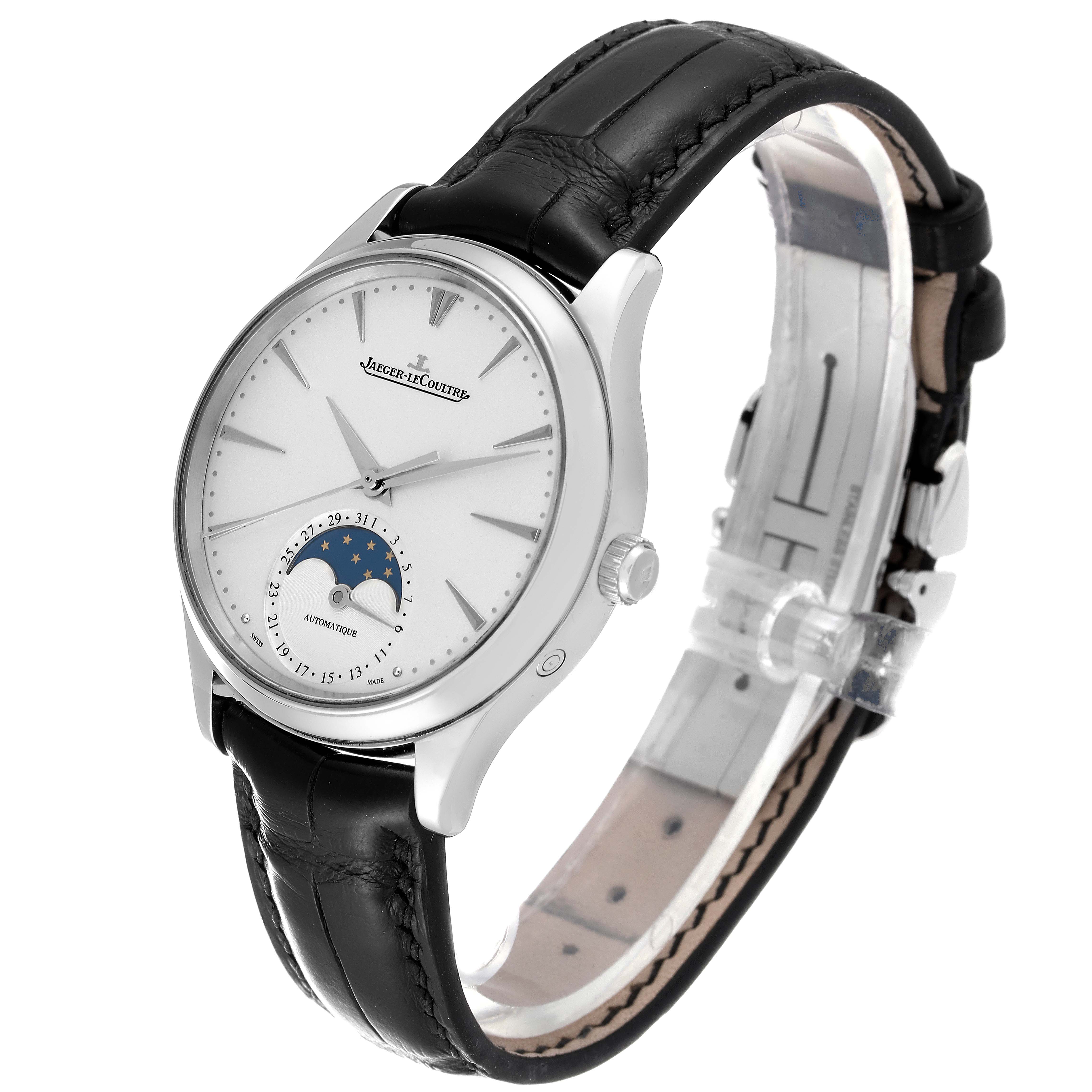 The Jaeger LeCoultre Master Q1258420 Men's Stainless Steel Silver Dial Q1258420 Men's Stainless Steel Silver Dial model watch is shown at a three-quarter angle, highlighting its face, crown, and black leather strap.