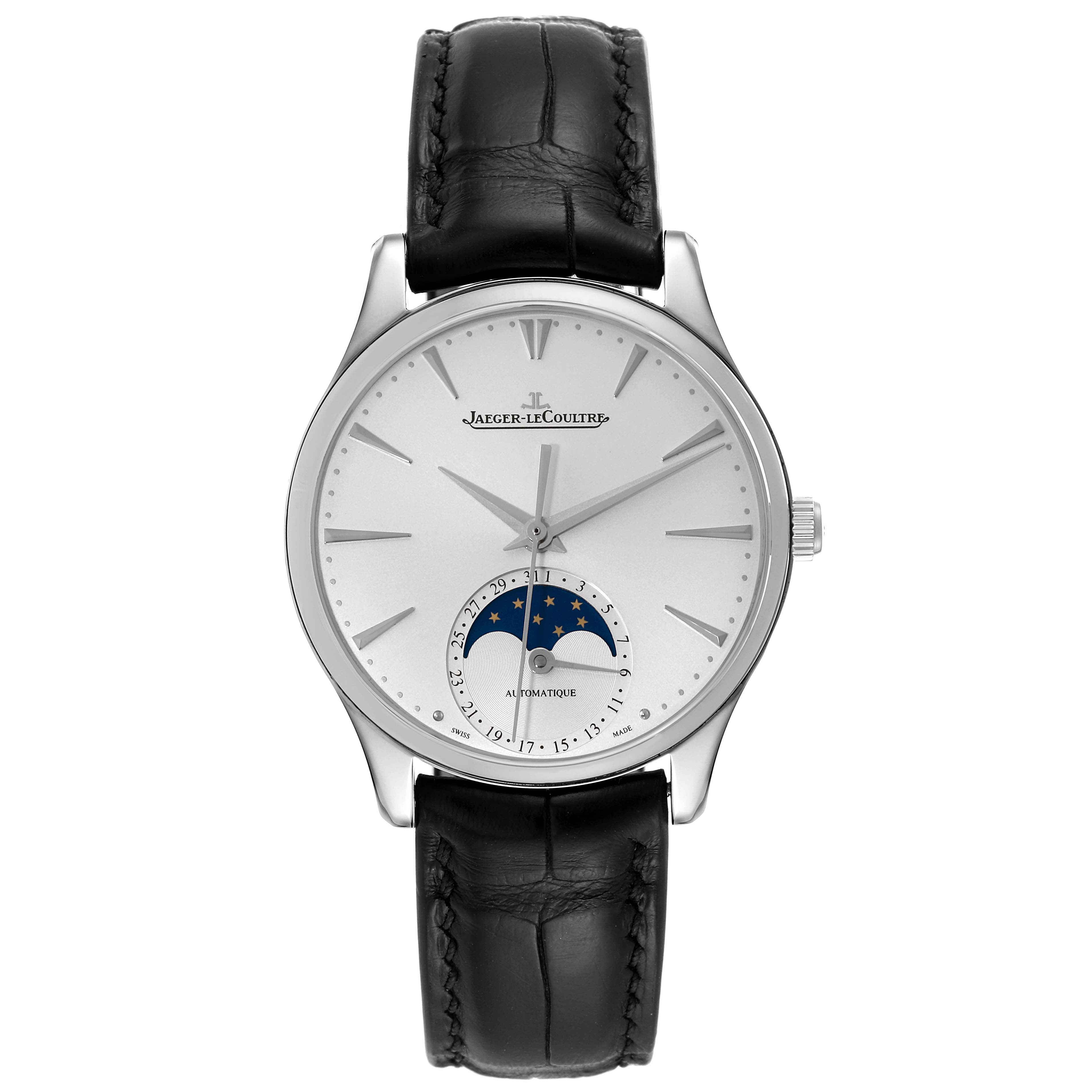 This Jaeger LeCoultre Master Q1258420 Men's Stainless Steel Silver Dial Q1258420 Men's Stainless Steel Silver Dial watch is shown from a centered front view, displaying its dial, hands, moon phase, and black leather strap.