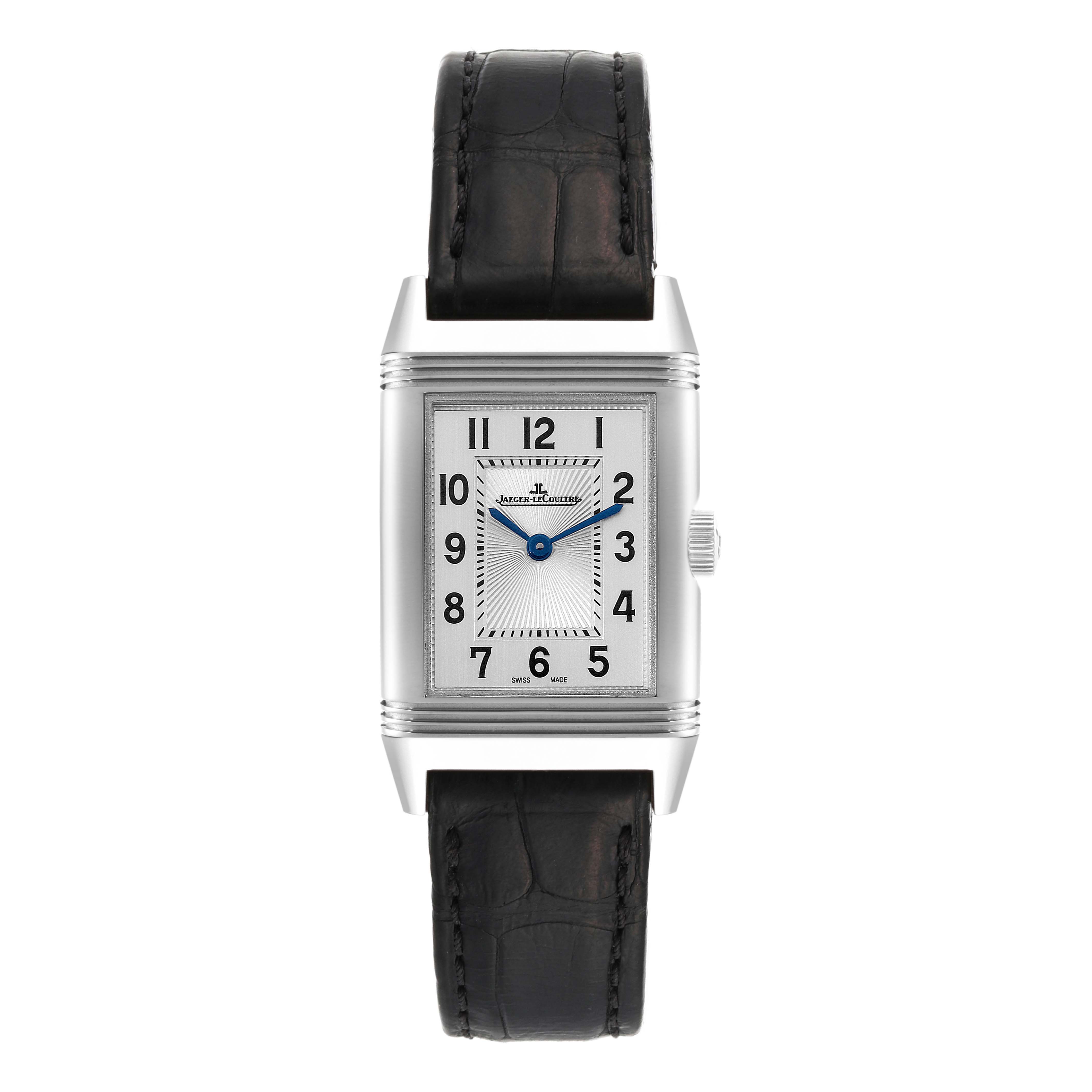 This image shows a front view of the Jaeger-LeCoultre Reverso watch, displaying the dial, hands, and leather strap.