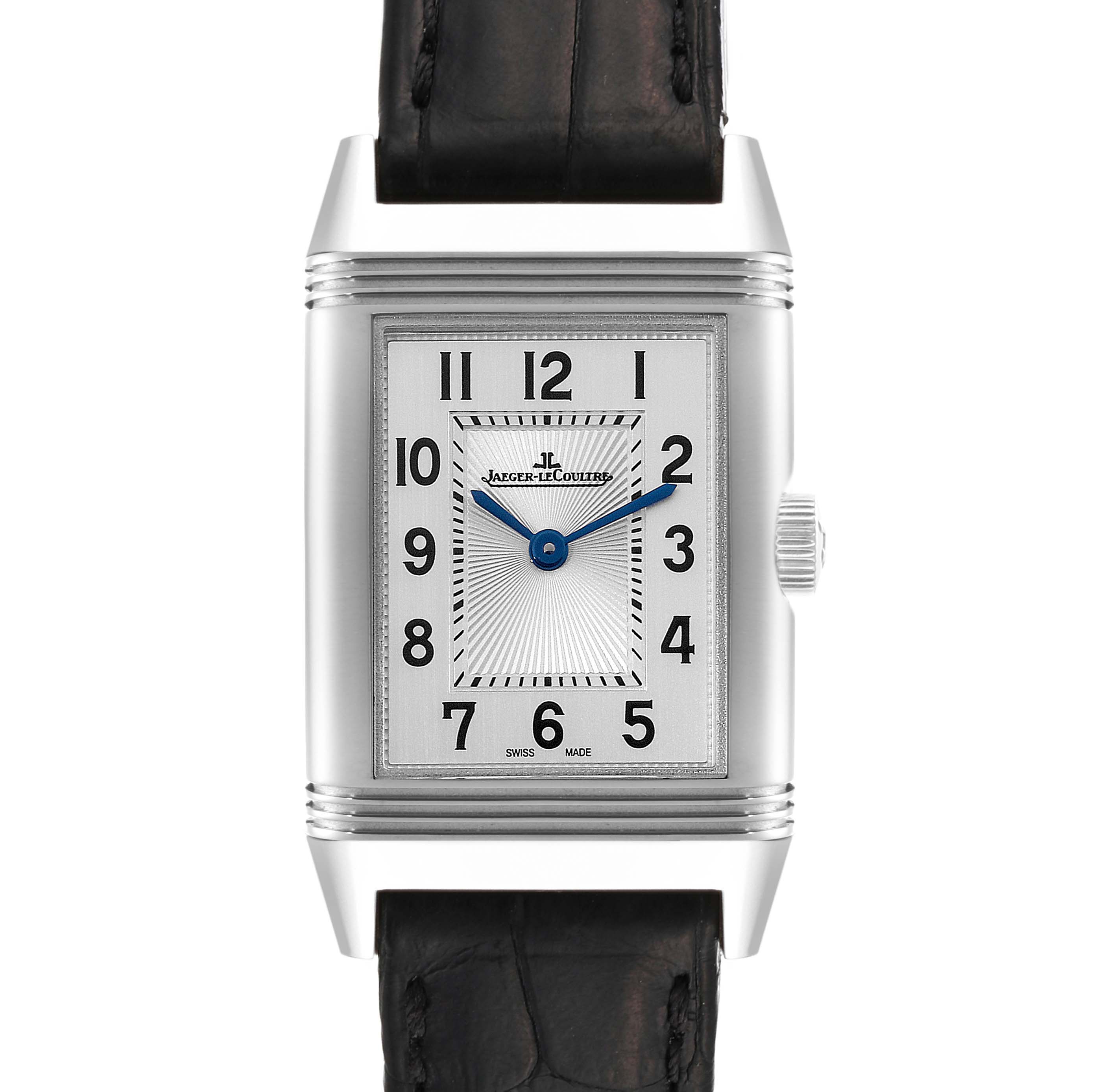 The image shows a frontal view of the Jaeger-LeCoultre Reverso watch, displaying the face, case, and part of the strap.