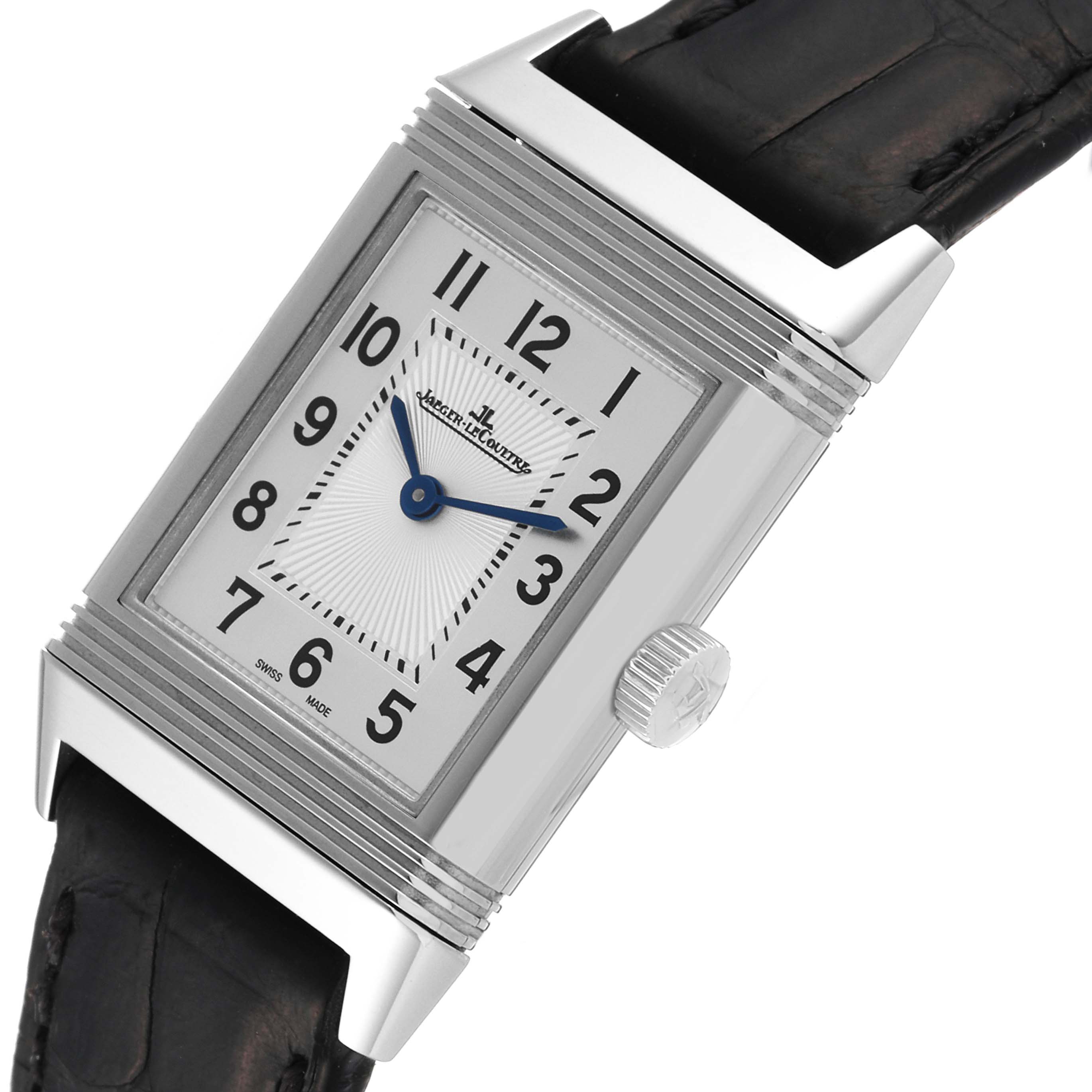 The image shows the front face and crown of the Jaeger-LeCoultre Reverso watch at a slight angle.