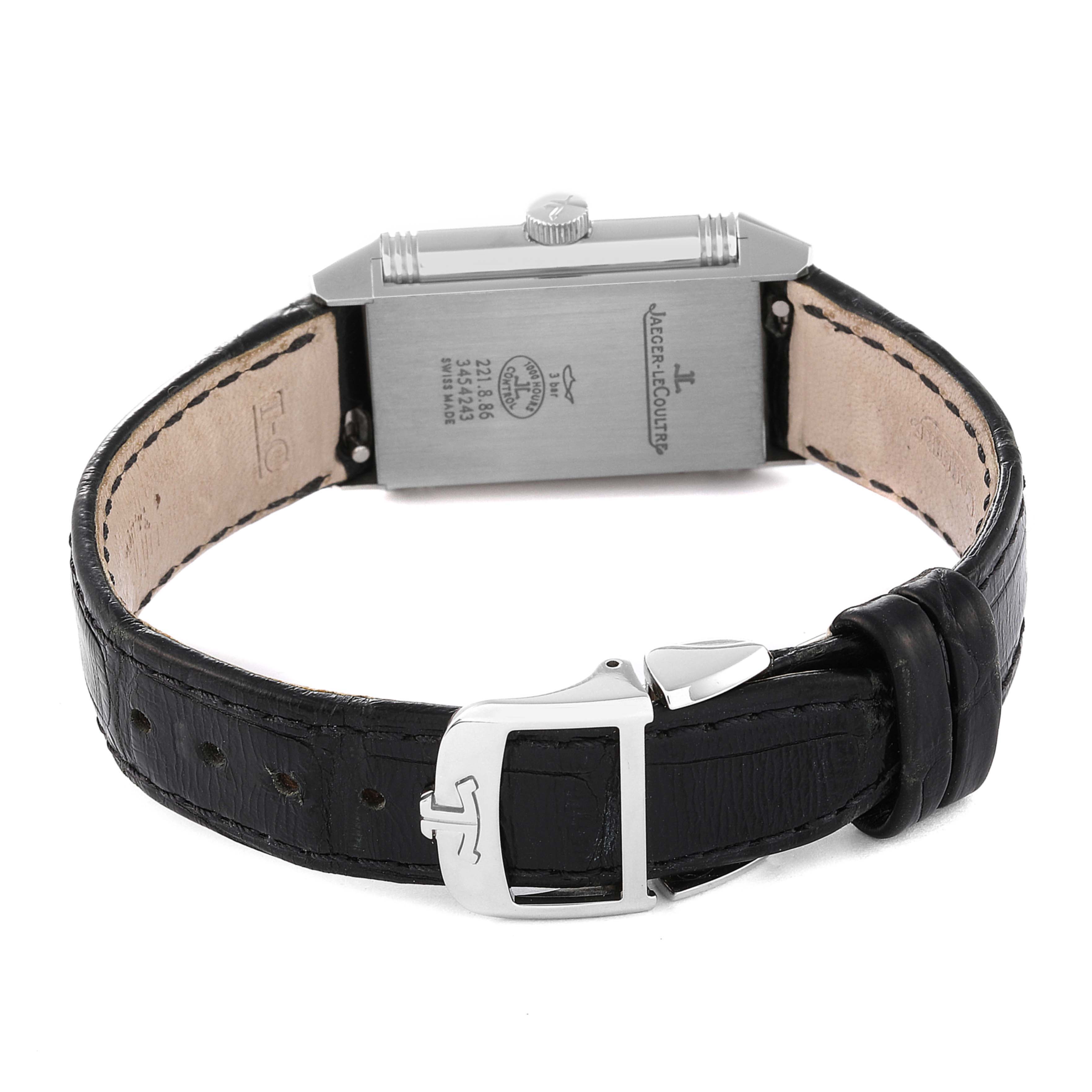 The image shows the back of a Jaeger LeCoultre Reverso Q2608440 Women's Stainless Steel Silver Dial Q2608440 Women's Stainless Steel Silver Dial watch, focusing on the case back, crown, and leather strap with buckle.