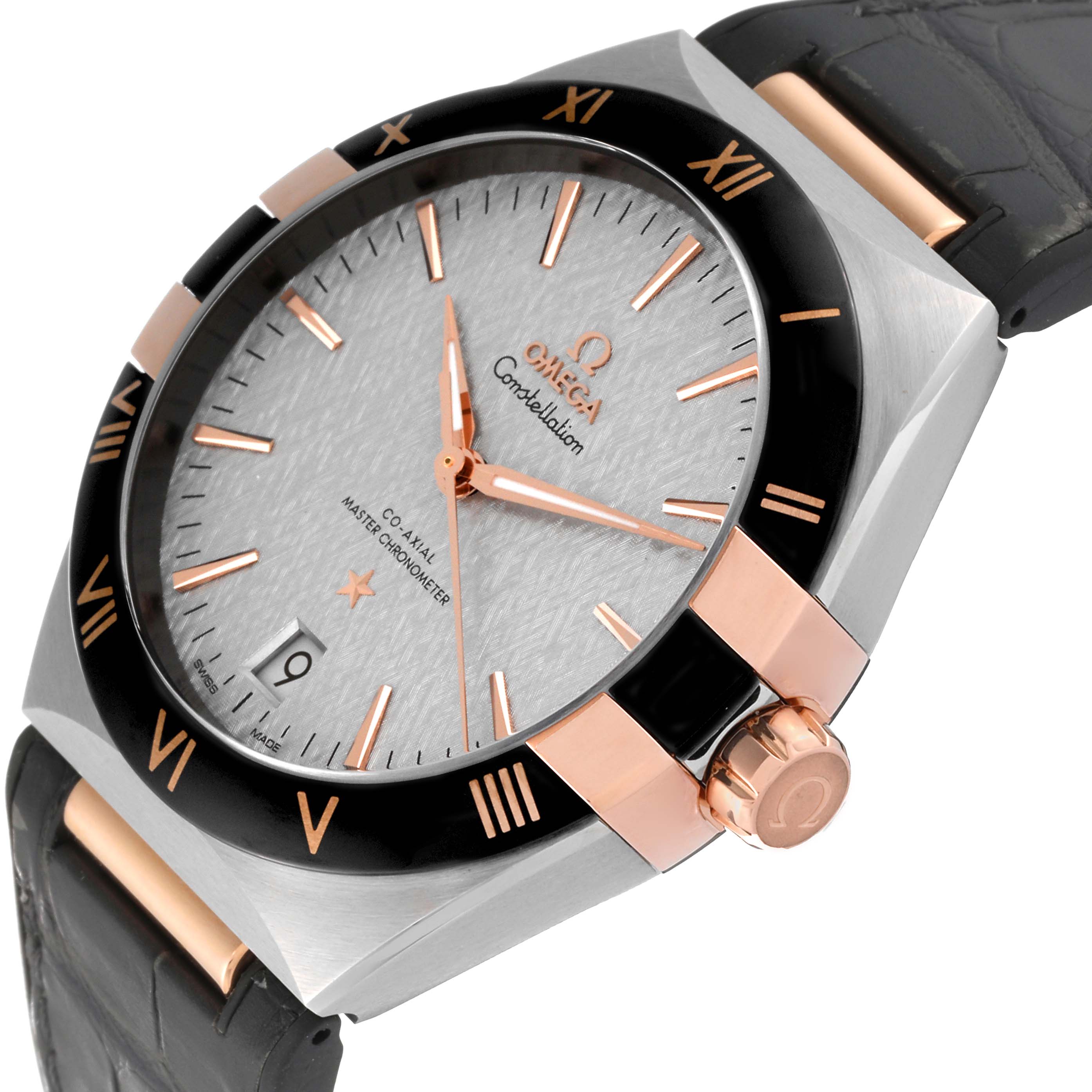 The image shows a close-up, angled view of the Omega Constellation 131.23.41.21.06.001 Men's Steel and Gold (two tone) Silver Dial 131.23.41.21.06.001 Men's Steel and Gold (two tone) Silver Dial watch, highlighting the dial, bezel, crown, and strap.