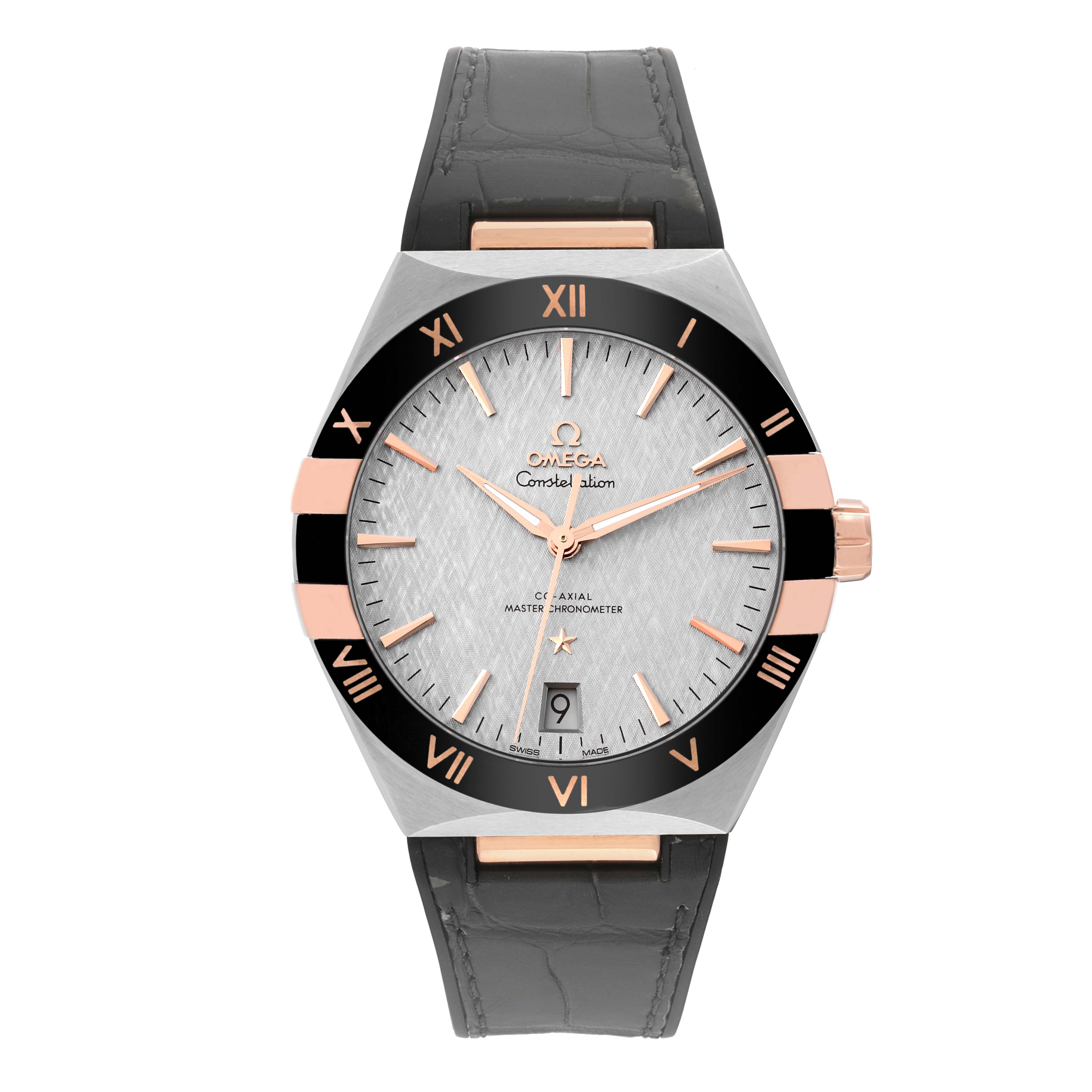 The Omega Constellation 131.23.41.21.06.001 Men's Steel and Gold (two tone) Silver Dial 131.23.41.21.06.001 Men's Steel and Gold (two tone) Silver Dial watch is shown from a top-down angle, highlighting the bezel, dial, hands, and leather strap.