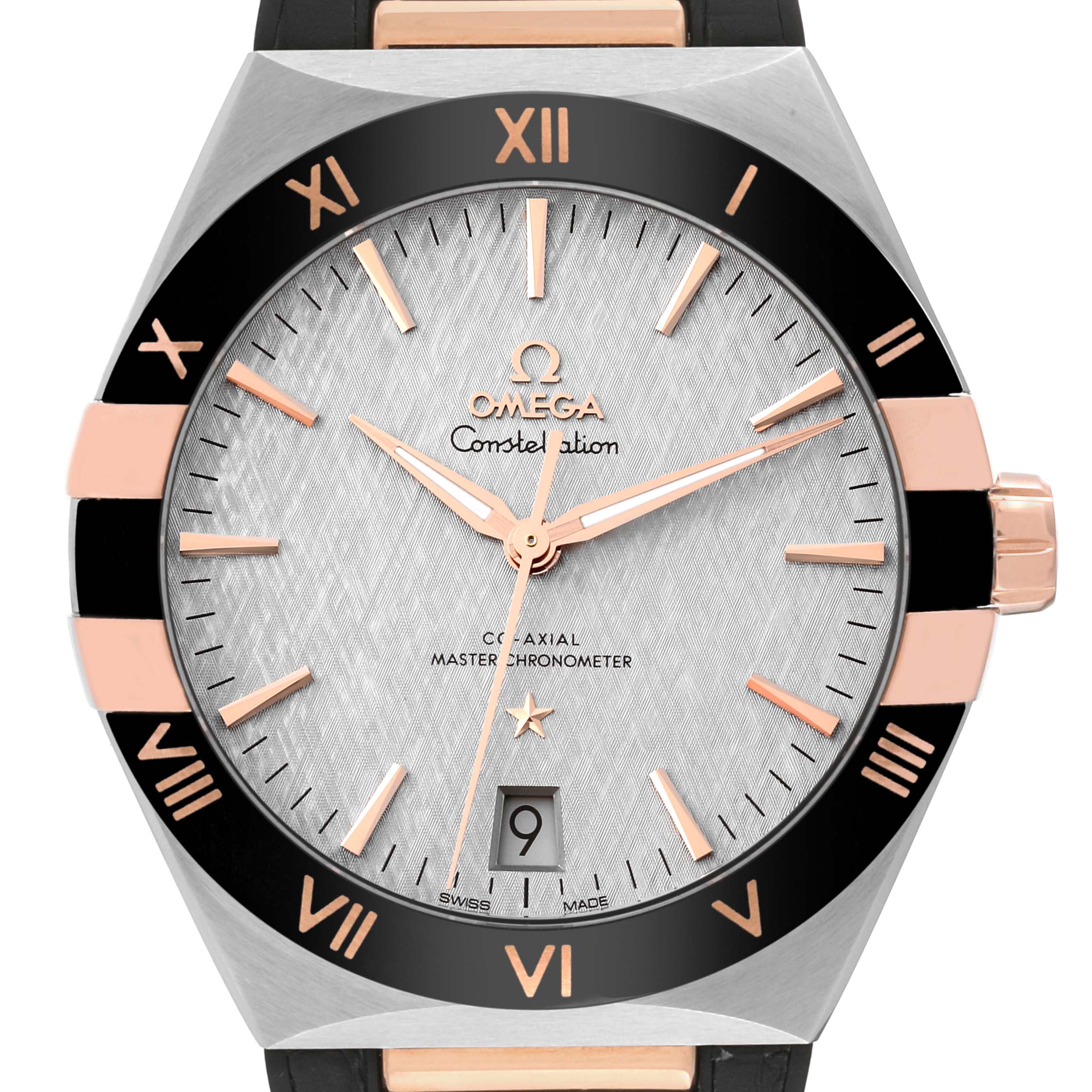 The image shows a close-up view of the Omega Constellation 131.23.41.21.06.001 Men's Steel and Gold (two tone) Silver Dial 131.23.41.21.06.001 Men's Steel and Gold (two tone) Silver Dial watch's face and bezel.