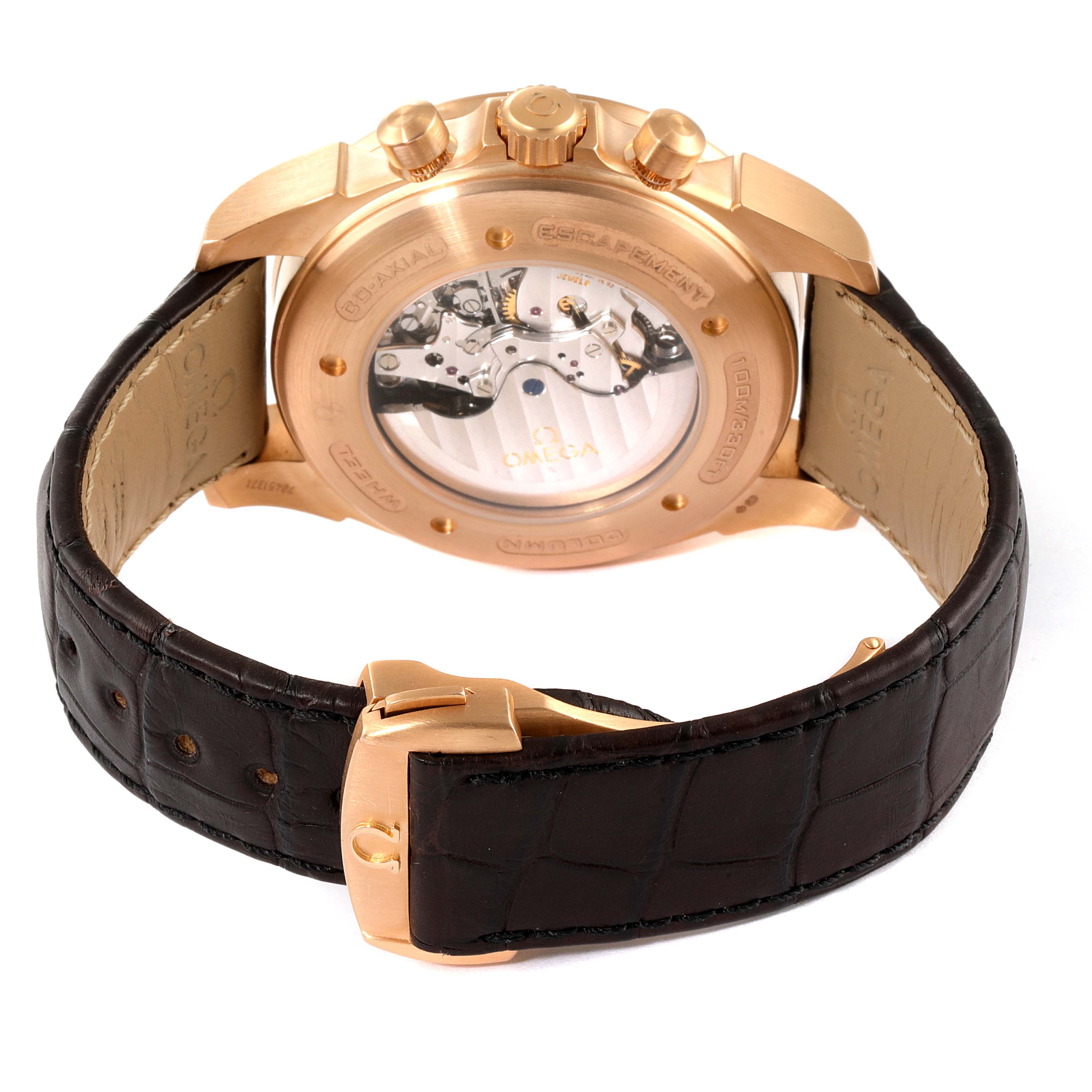 The image shows the back view of the Omega De Ville 422.53.44.52.13.001 Men's Rose Gold Black Dial 422.53.44.52.13.001 Men's Rose Gold Black Dial watch, highlighting the movement through the transparent case back and the leather strap.