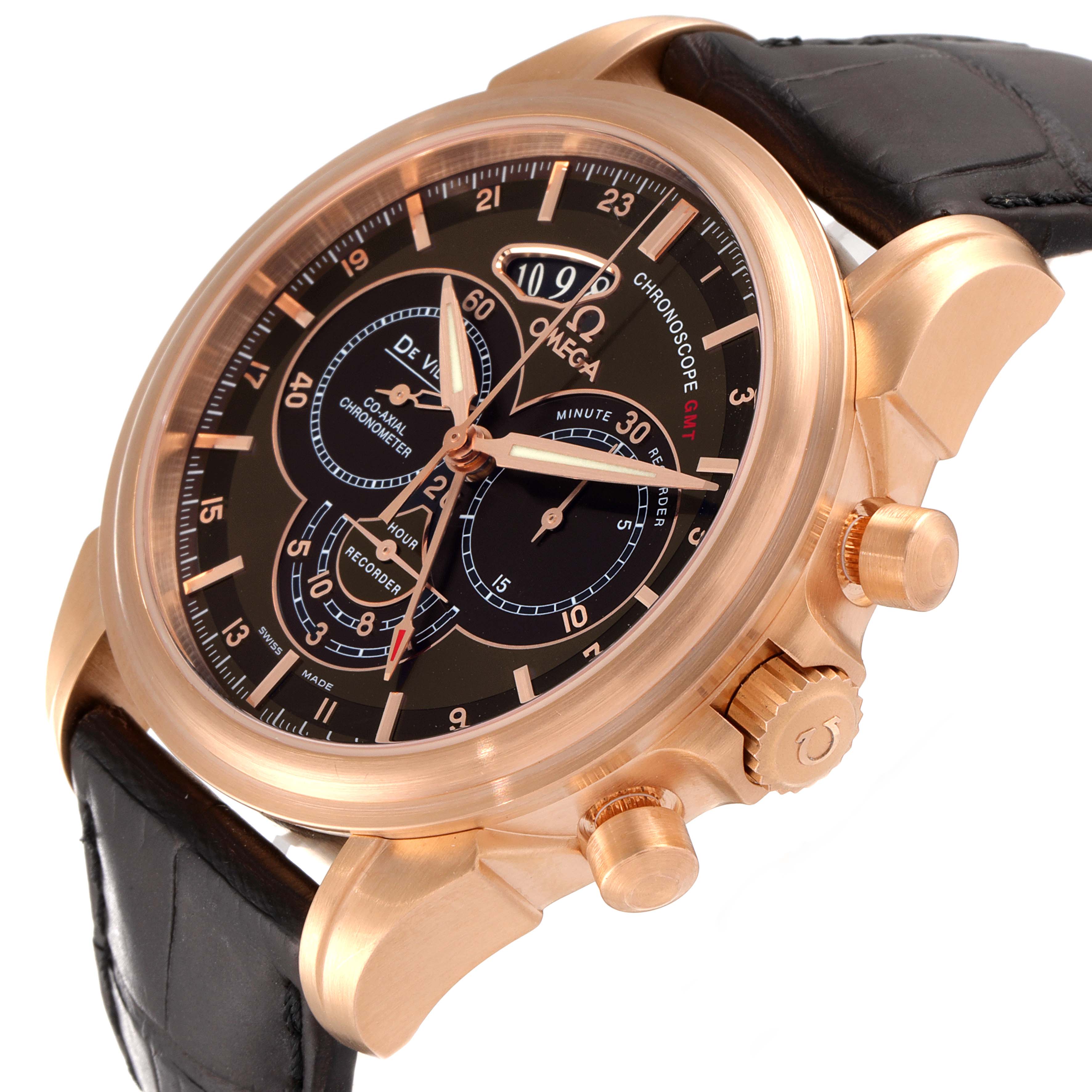 This image shows a close-up view of the Omega De Ville 422.53.44.52.13.001 Men's Rose Gold Black Dial 422.53.44.52.13.001 Men's Rose Gold Black Dial watch, focusing on the dial, case, crown, and black leather strap.