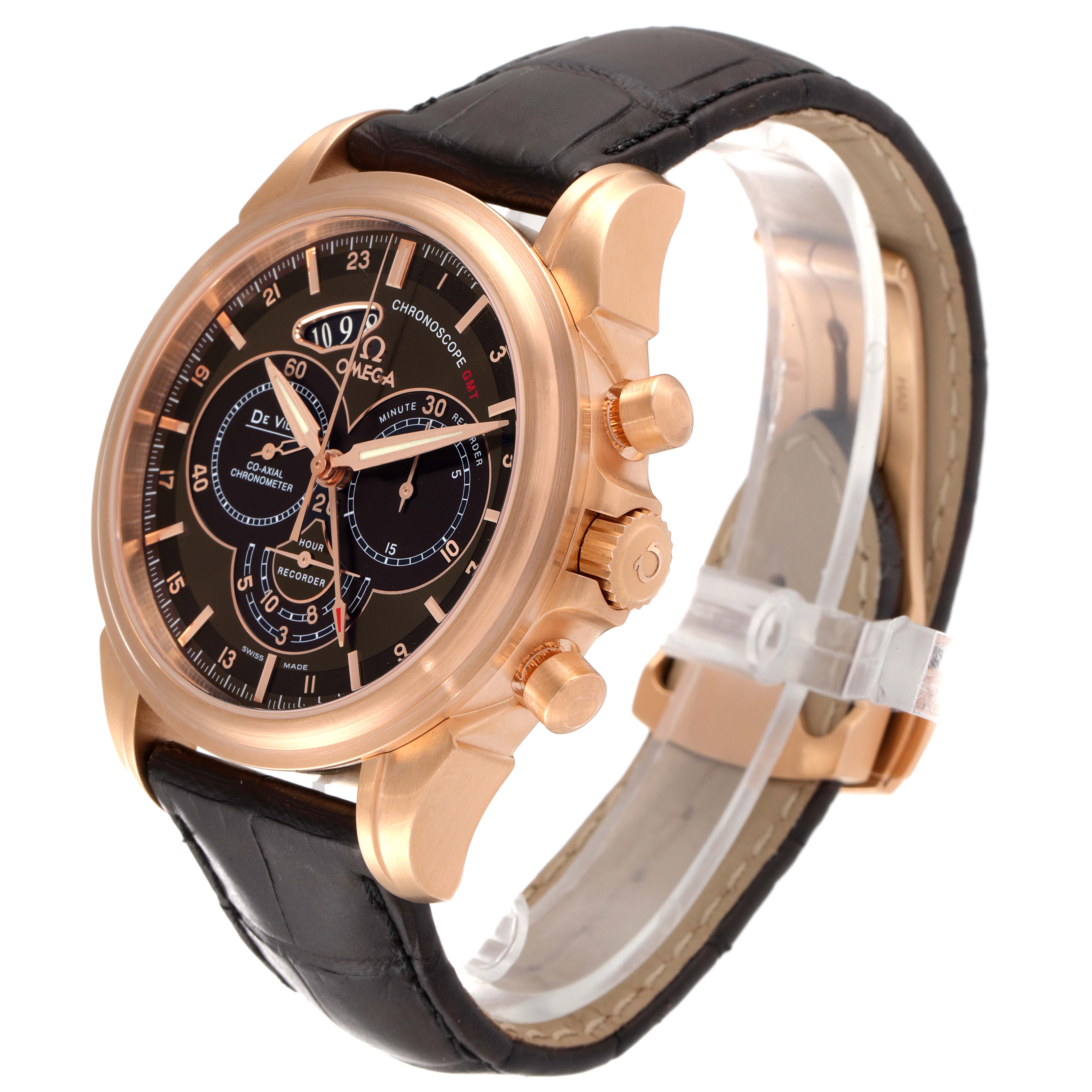 The image shows a De Ville model by Omega from a front-angle, highlighting its black dial, gold case, and black leather strap.