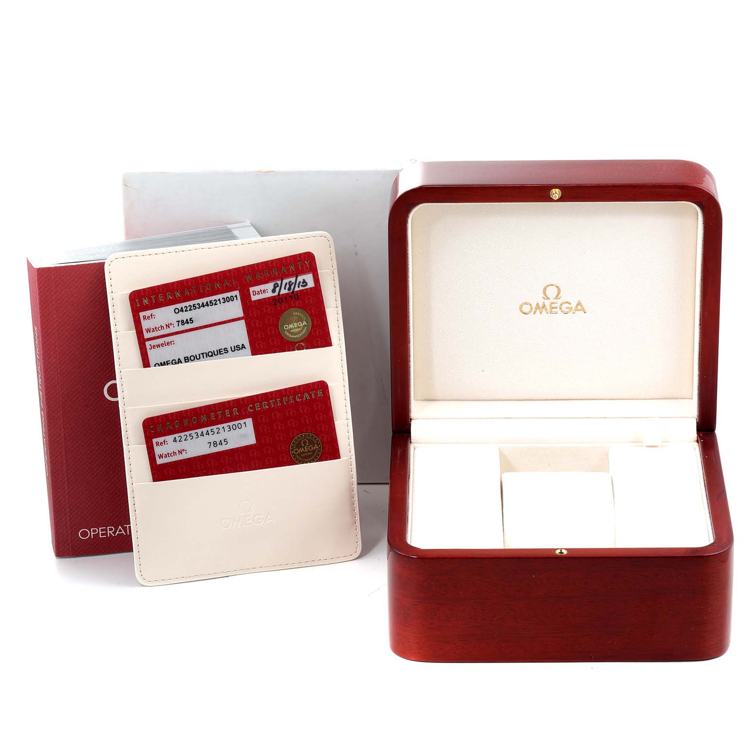 The image shows an Omega De Ville 422.53.44.52.13.001 Men's Rose Gold Black Dial 422.53.44.52.13.001 Men's Rose Gold Black Dial watch box, warranty cards, certificate, and an instructional booklet.