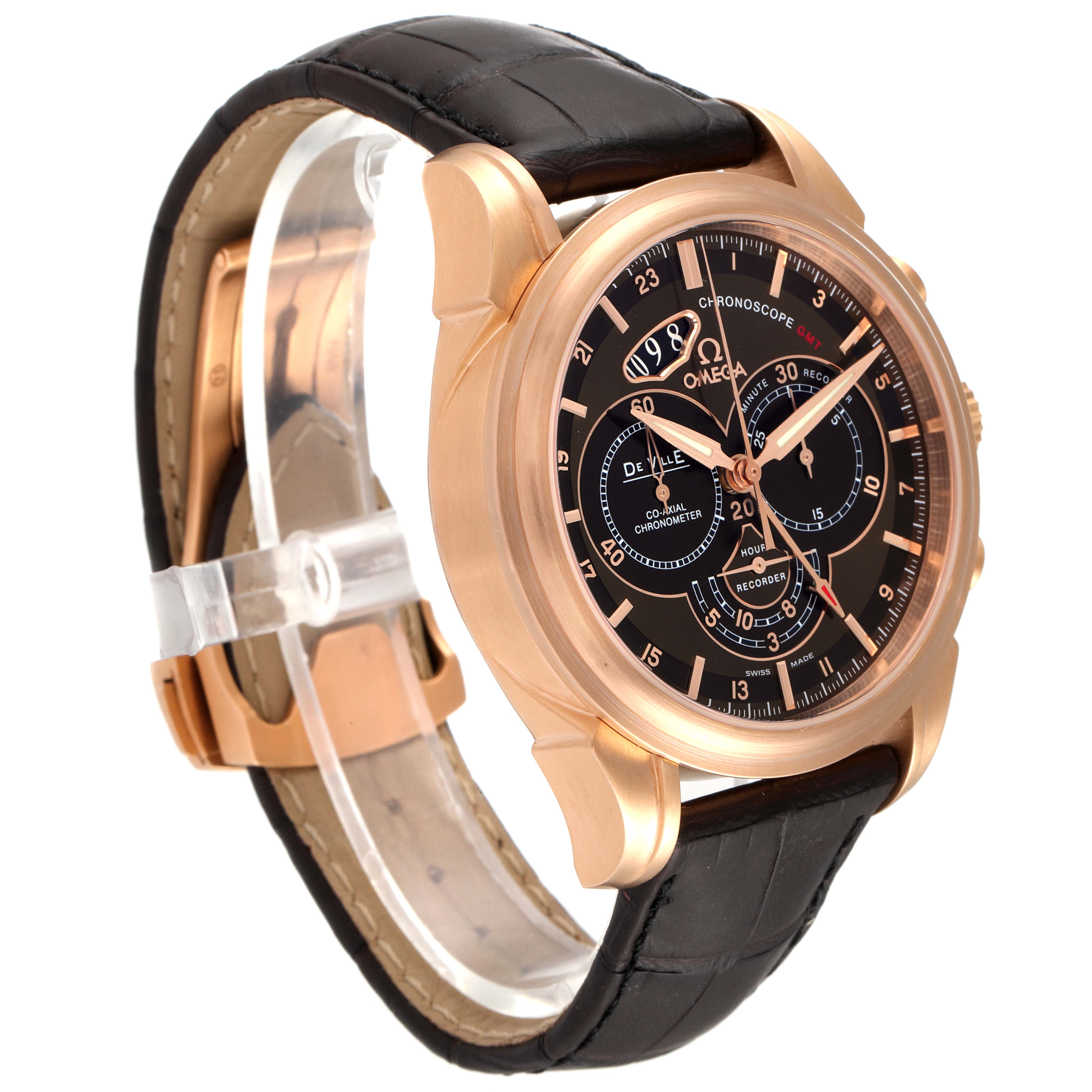 The image shows a side view of an Omega De Ville 422.53.44.52.13.001 Men's Rose Gold Black Dial 422.53.44.52.13.001 Men's Rose Gold Black Dial watch, highlighting its rose gold case, black dial, and black leather strap.