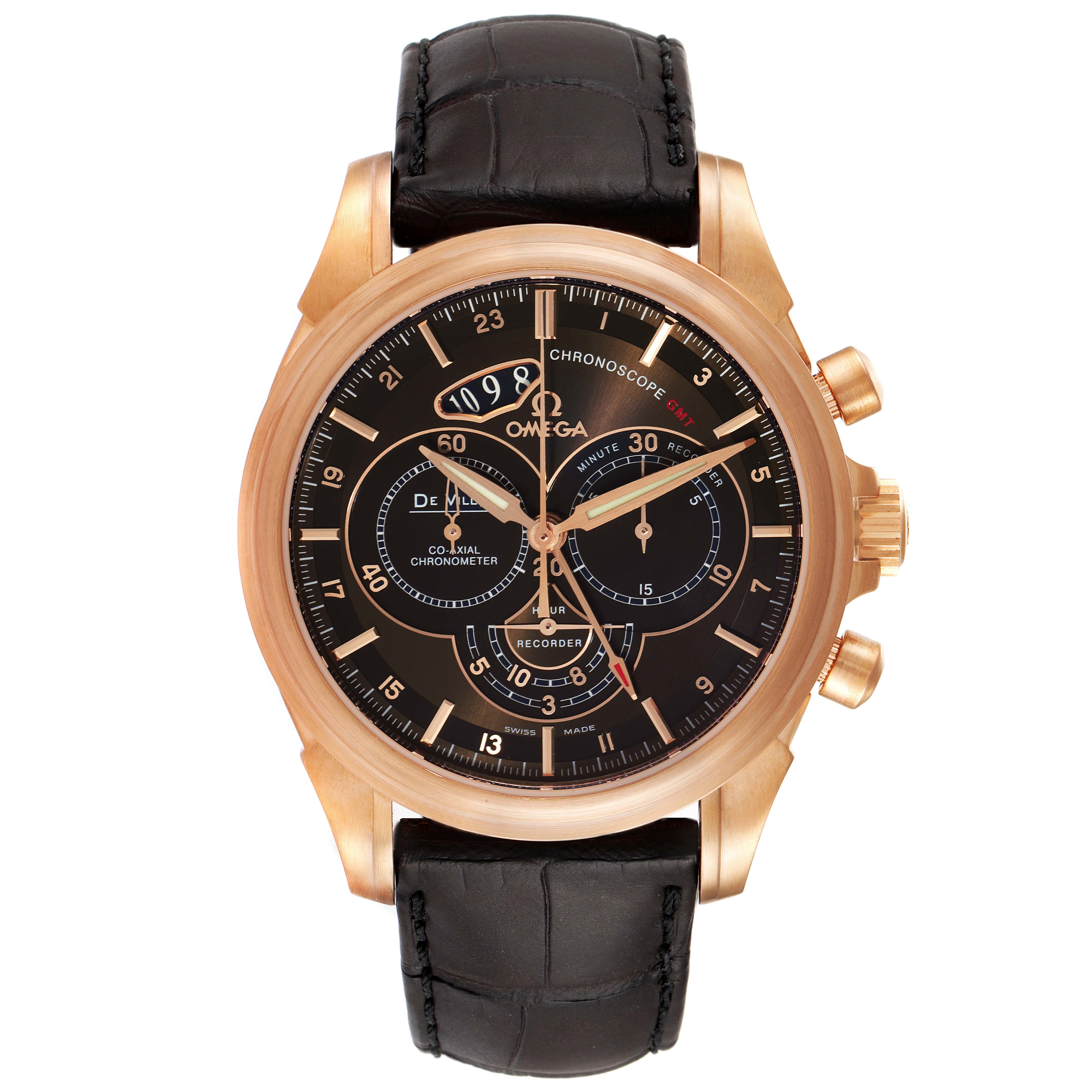 The image shows a front view of the Omega De Ville 422.53.44.52.13.001 Men's Rose Gold Black Dial 422.53.44.52.13.001 Men's Rose Gold Black Dial watch with its face, rose gold case, and black leather strap.