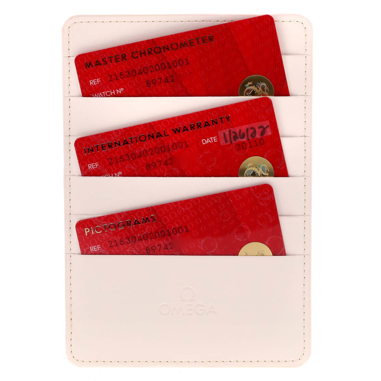 The image shows warranty and information cards for the Omega Planet Ocean 215.30.40.20.01.001 Men
s Stainless Steel Black Dial 215.30.40.20.01.001 Men
s Stainless Steel Black Dial, placed inside a white Omega cardholder.