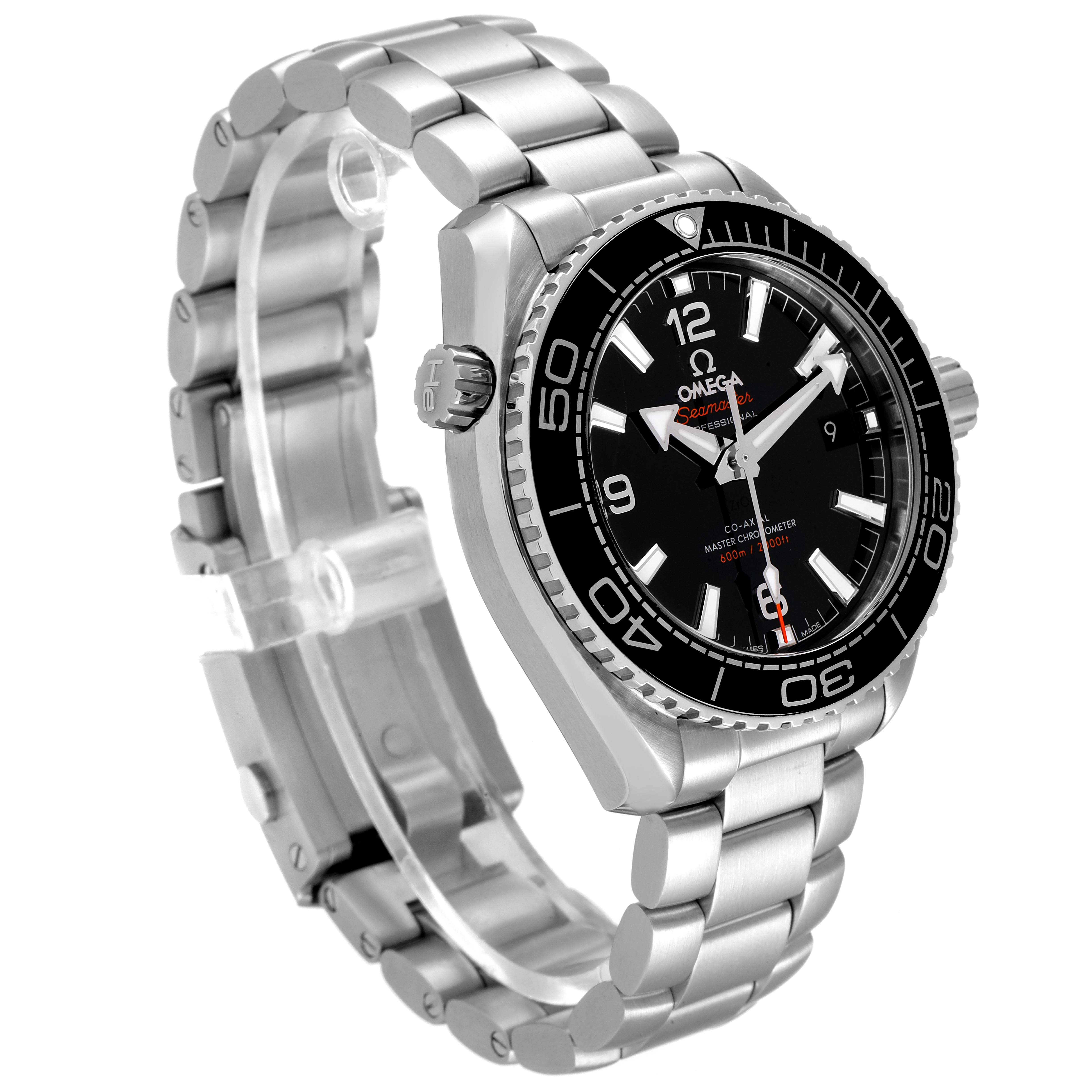 The image shows an angled side view of the Omega Planet Ocean 215.30.40.20.01.001 Men
s Stainless Steel Black Dial 215.30.40.20.01.001 Men
s Stainless Steel Black Dial watch, highlighting its case, bezel, dial, and bracelet.