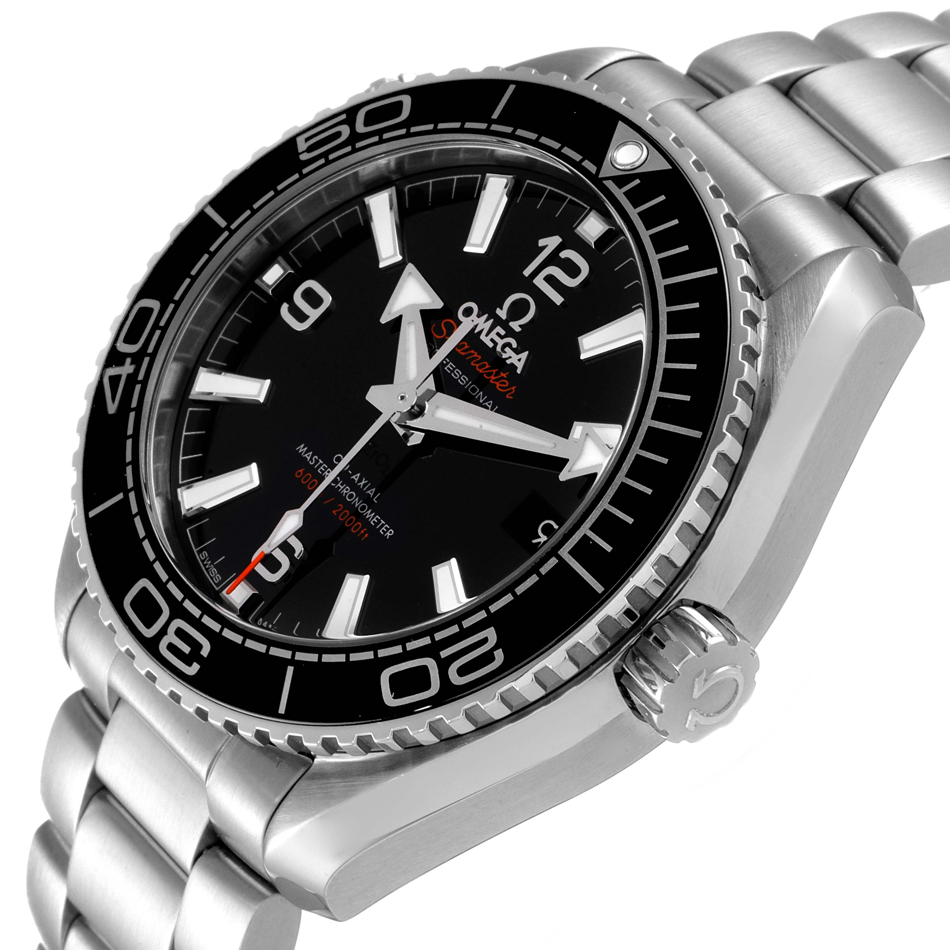 The image shows an angled side view of an Omega Planet Ocean 215.30.40.20.01.001 Men
s Stainless Steel Black Dial 215.30.40.20.01.001 Men
s Stainless Steel Black Dial watch, highlighting its bezel, crown, and bracelet.