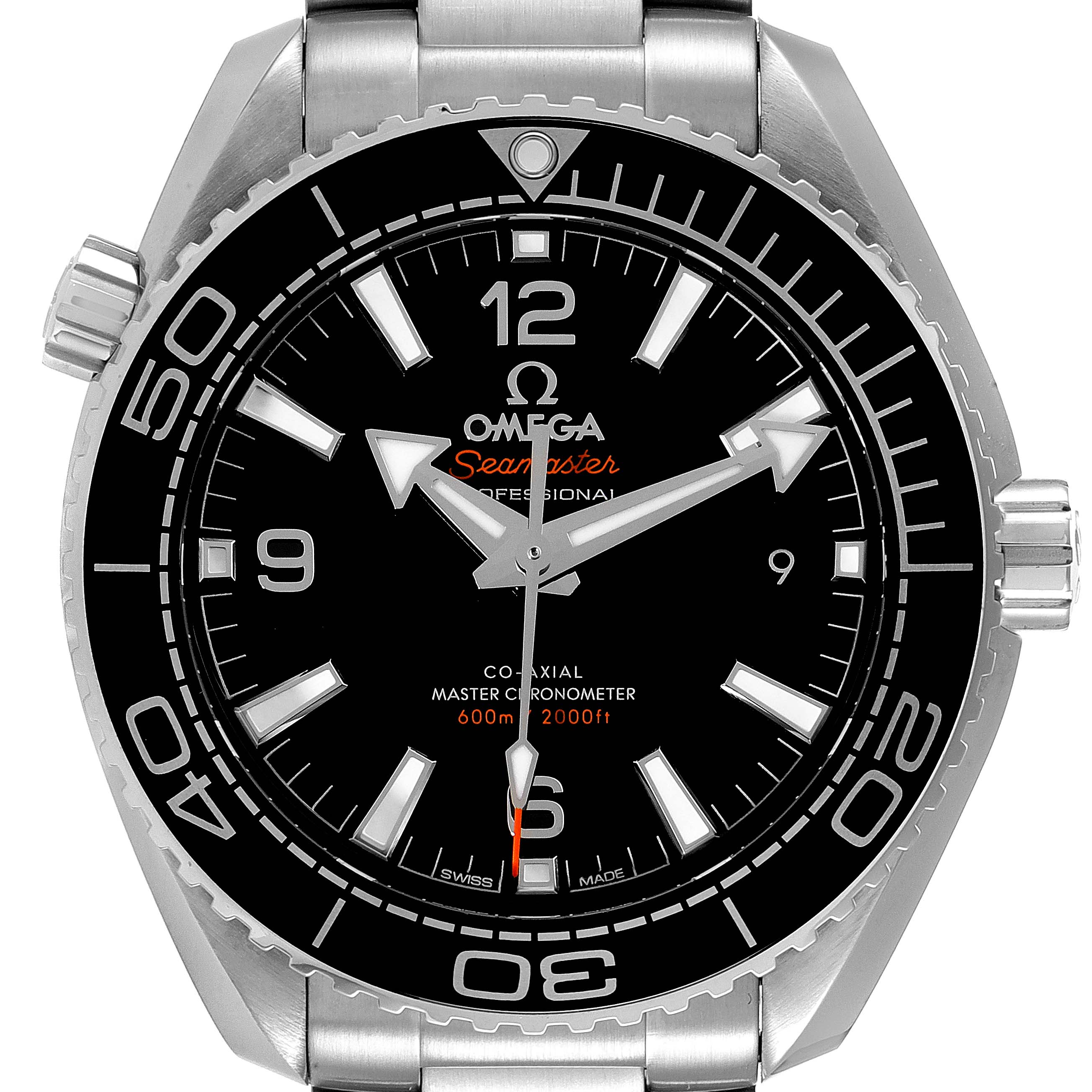 The Omega Planet Ocean 215.30.40.20.01.001 Men
s Stainless Steel Black Dial 215.30.40.20.01.001 Men
s Stainless Steel Black Dial watch is shown from a front angle, displaying the dial, bezel, hands, and part of the bracelet.