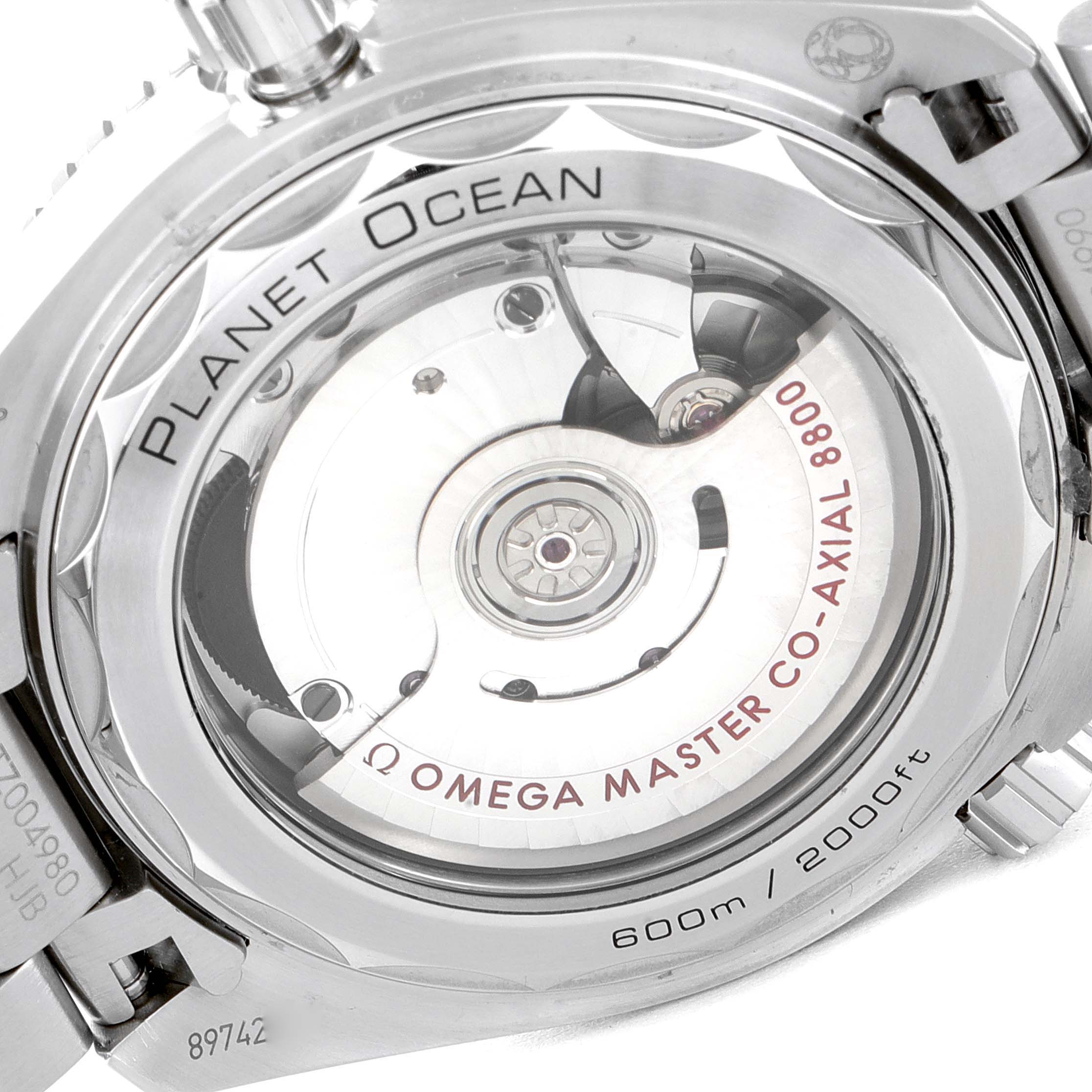 The image shows the back view of the Omega Planet Ocean 215.30.40.20.01.001 Men
s Stainless Steel Black Dial 215.30.40.20.01.001 Men
s Stainless Steel Black Dial watch, highlighting the visible movement and engravings.