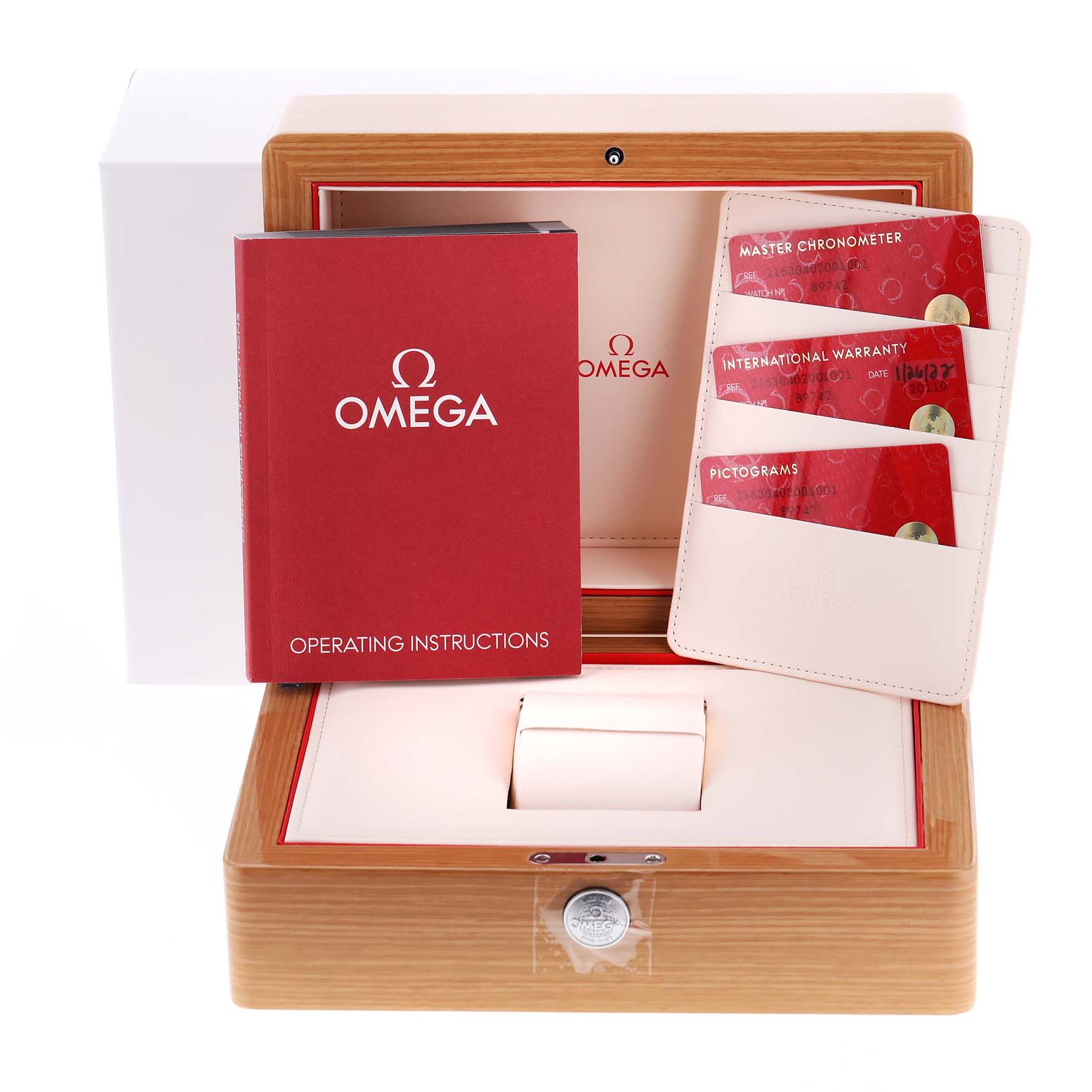 The image displays an Omega Planet Ocean 215.30.40.20.01.001 Men
s Stainless Steel Black Dial 215.30.40.20.01.001 Men
s Stainless Steel Black Dial presentation box with operating instructions and warranty cards.