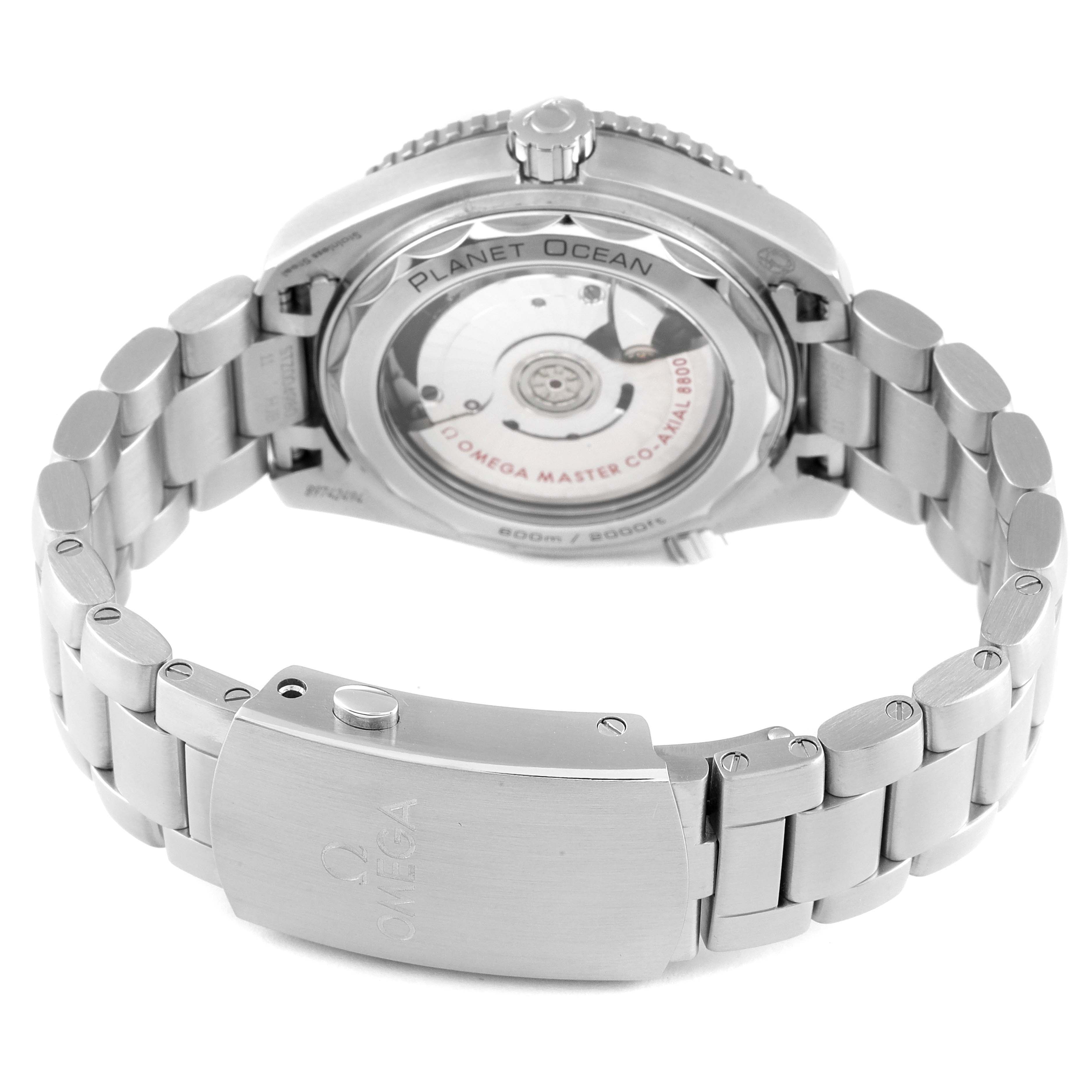 The image shows the back view of the Omega Planet Ocean 215.30.40.20.01.001 Men
s Stainless Steel Black Dial 215.30.40.20.01.001 Men
s Stainless Steel Black Dial watch, highlighting the visible movement and the stainless steel bracelet.