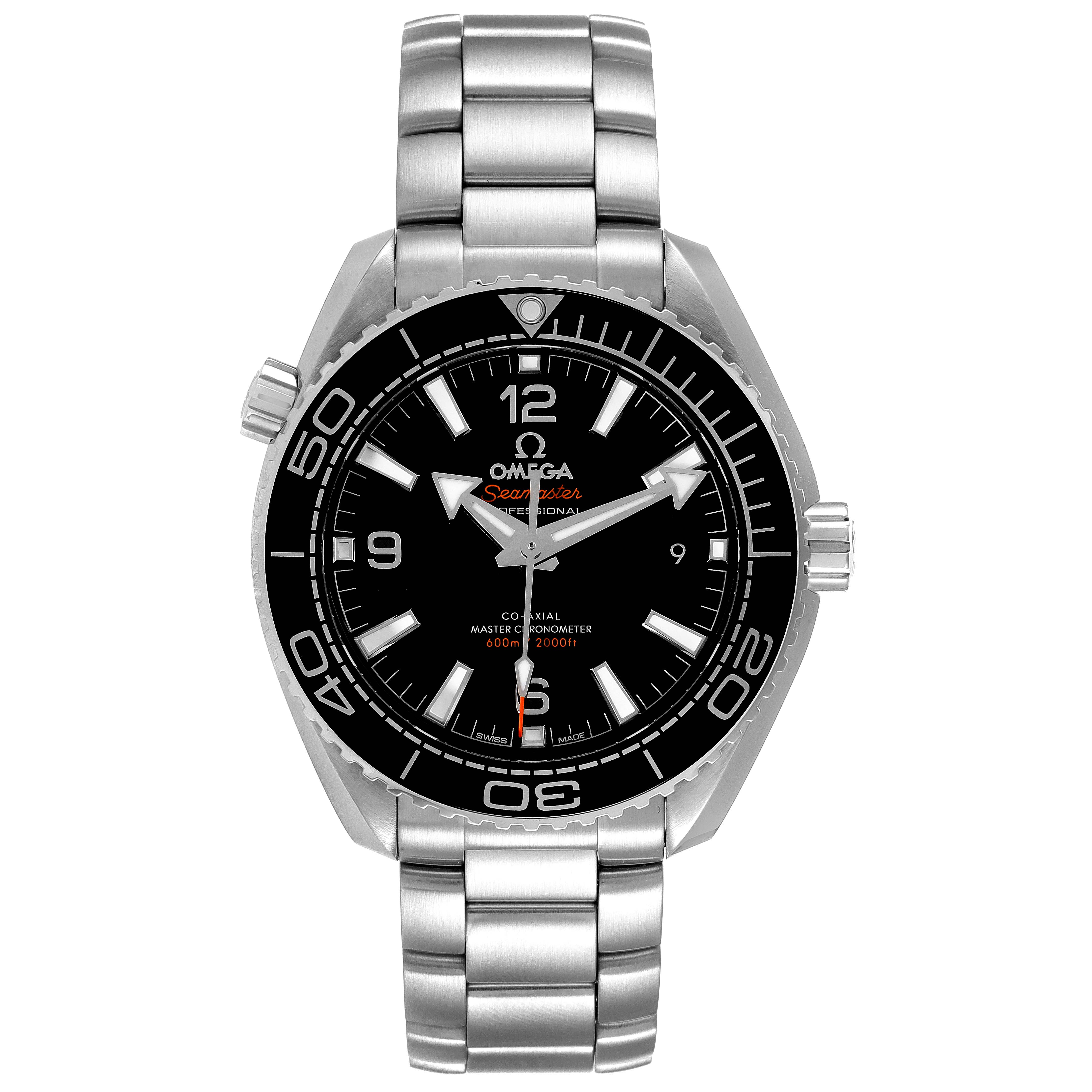 This image shows a front view of an Omega Planet Ocean 215.30.40.20.01.001 Men
s Stainless Steel Black Dial 215.30.40.20.01.001 Men
s Stainless Steel Black Dial model, highlighting its face, bezel, bracelet, and crown.