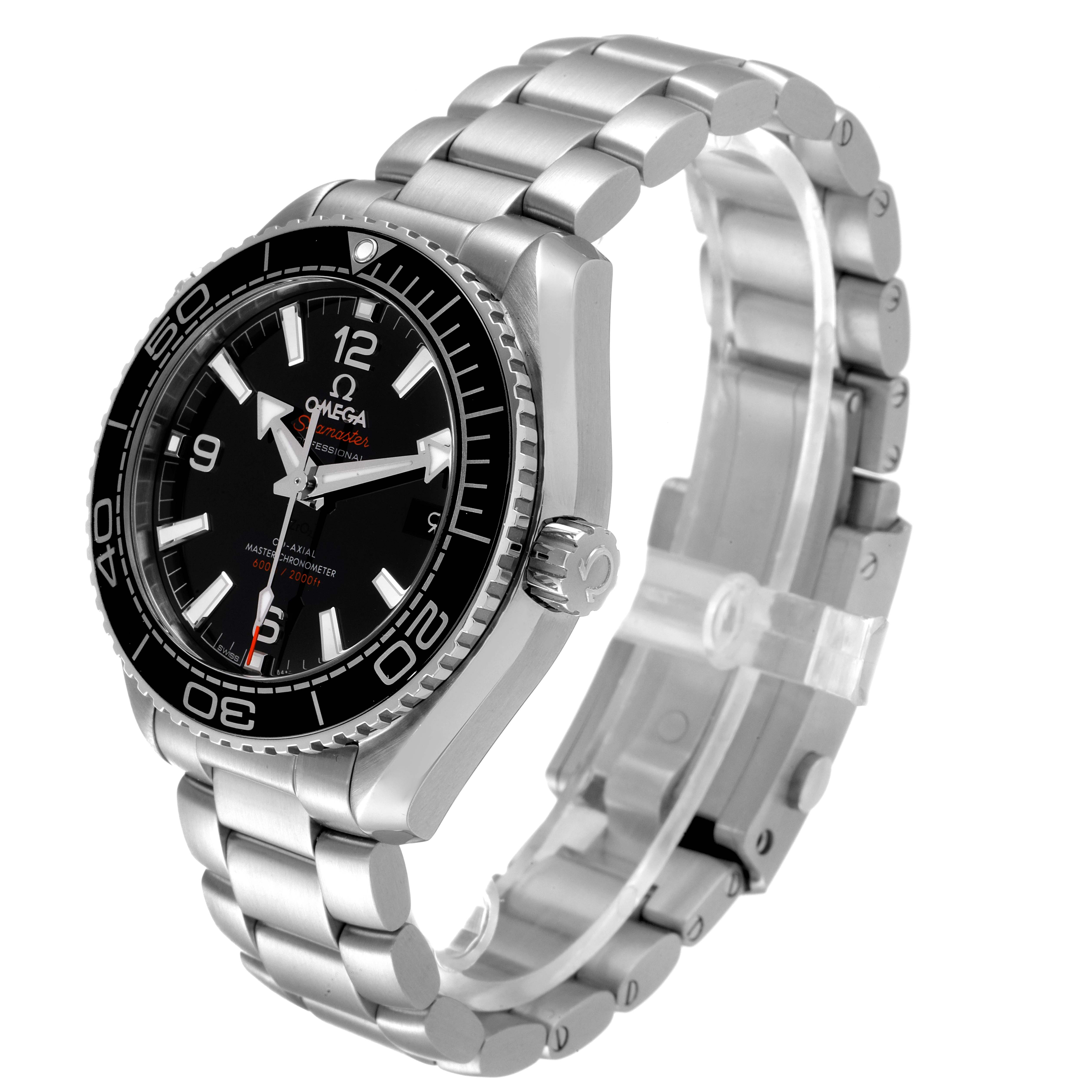 The Omega Planet Ocean 215.30.40.20.01.001 Men
s Stainless Steel Black Dial 215.30.40.20.01.001 Men
s Stainless Steel Black Dial watch is shown at a three-quarter angle, highlighting its black dial, bezel, and stainless steel bracelet.