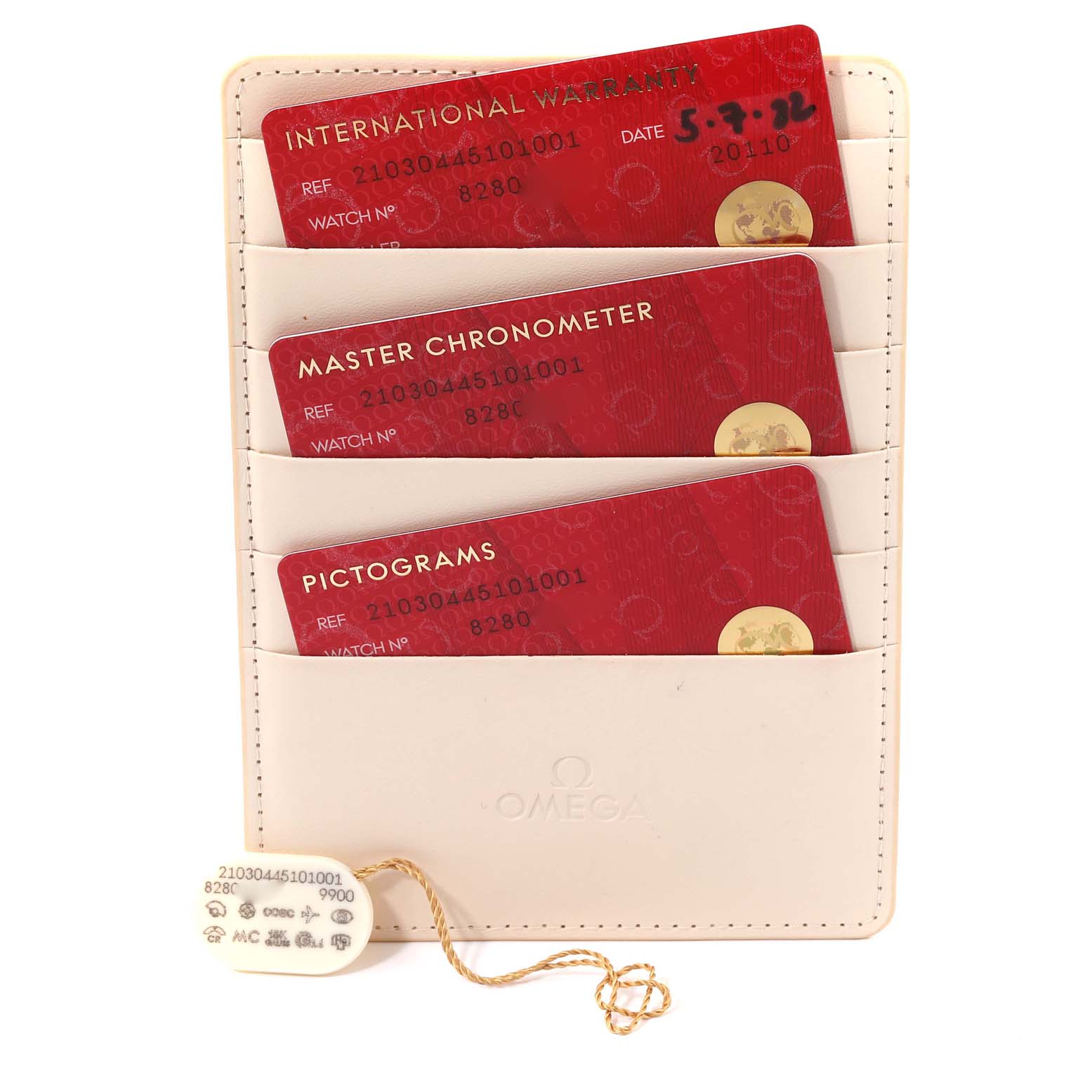 The image shows international warranty cards and tags for the Omega Seamaster 210.30.44.51.01.001 Men's Stainless Steel Black Dial 210.30.44.51.01.001 Men's Stainless Steel Black Dial watch model.