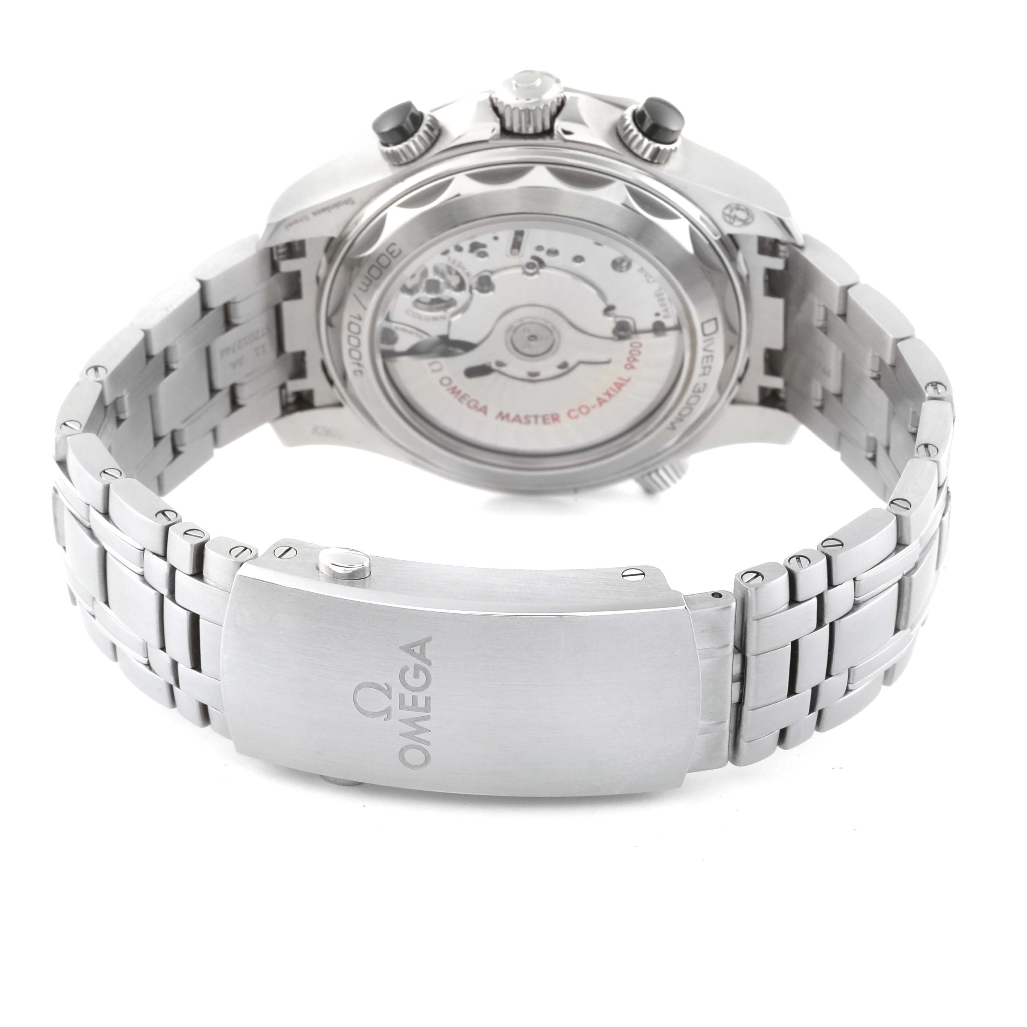 The image shows the back view of the Omega Seamaster 210.30.44.51.01.001 Men's Stainless Steel Black Dial 210.30.44.51.01.001 Men's Stainless Steel Black Dial watch, focusing on the clasp and transparent case back.