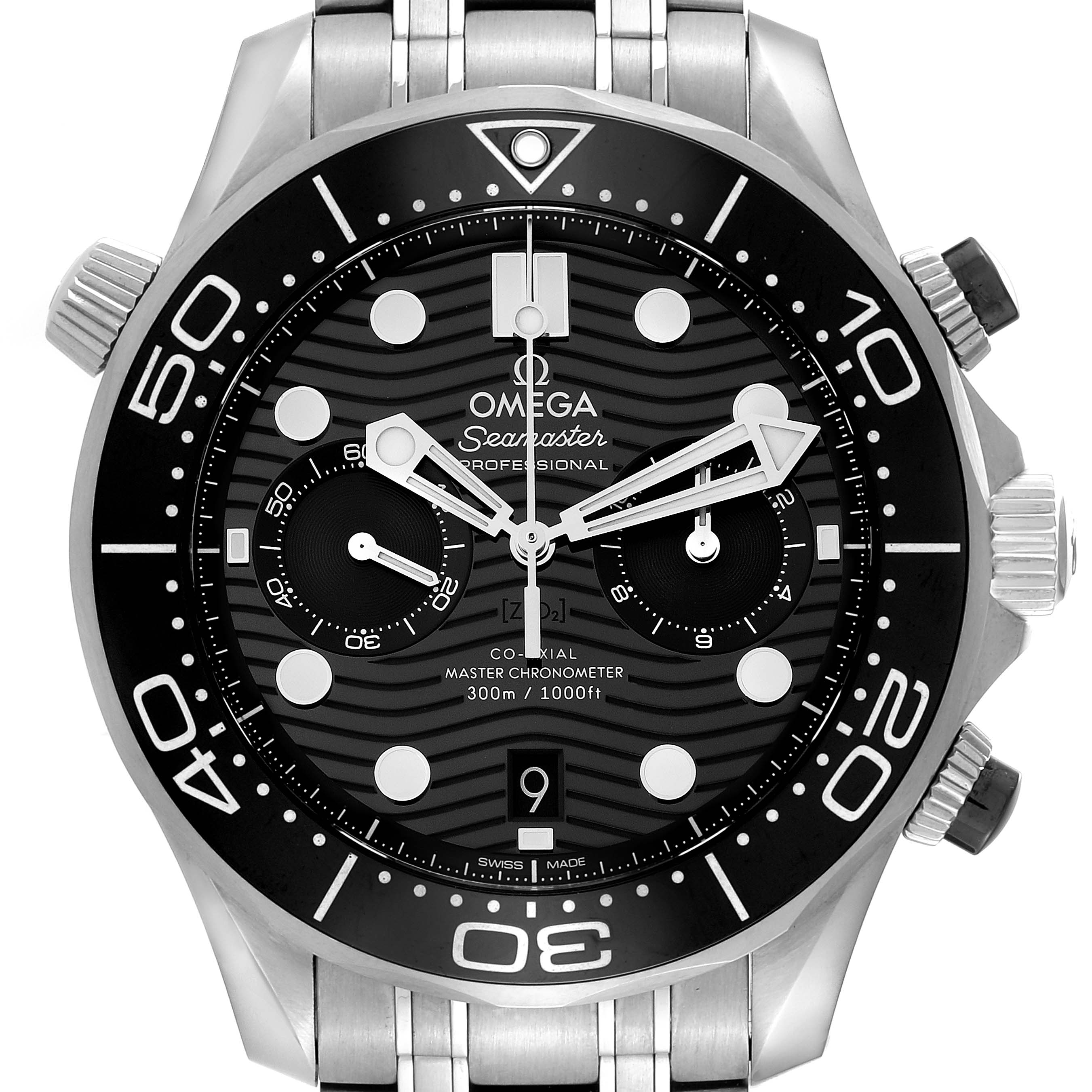 The Omega Seamaster 210.30.44.51.01.001 Men's Stainless Steel Black Dial 210.30.44.51.01.001 Men's Stainless Steel Black Dial watch is shown from a front angle, displaying the face, bezel, and part of the stainless steel bracelet.