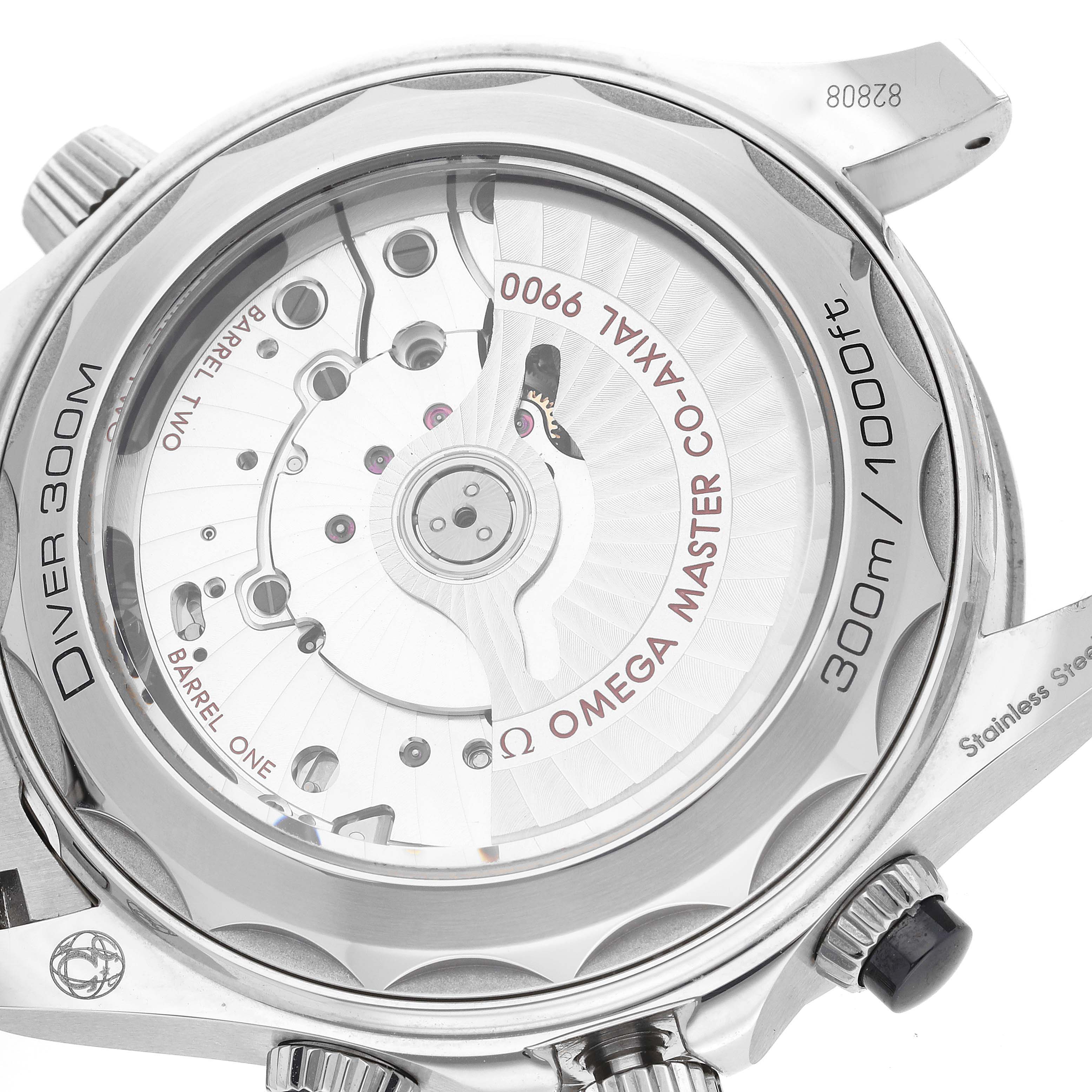 This image shows the back view of an Omega Seamaster 210.30.44.51.01.001 Men's Stainless Steel Black Dial 210.30.44.51.01.001 Men's Stainless Steel Black Dial watch, highlighting its internal movement and water resistance details.