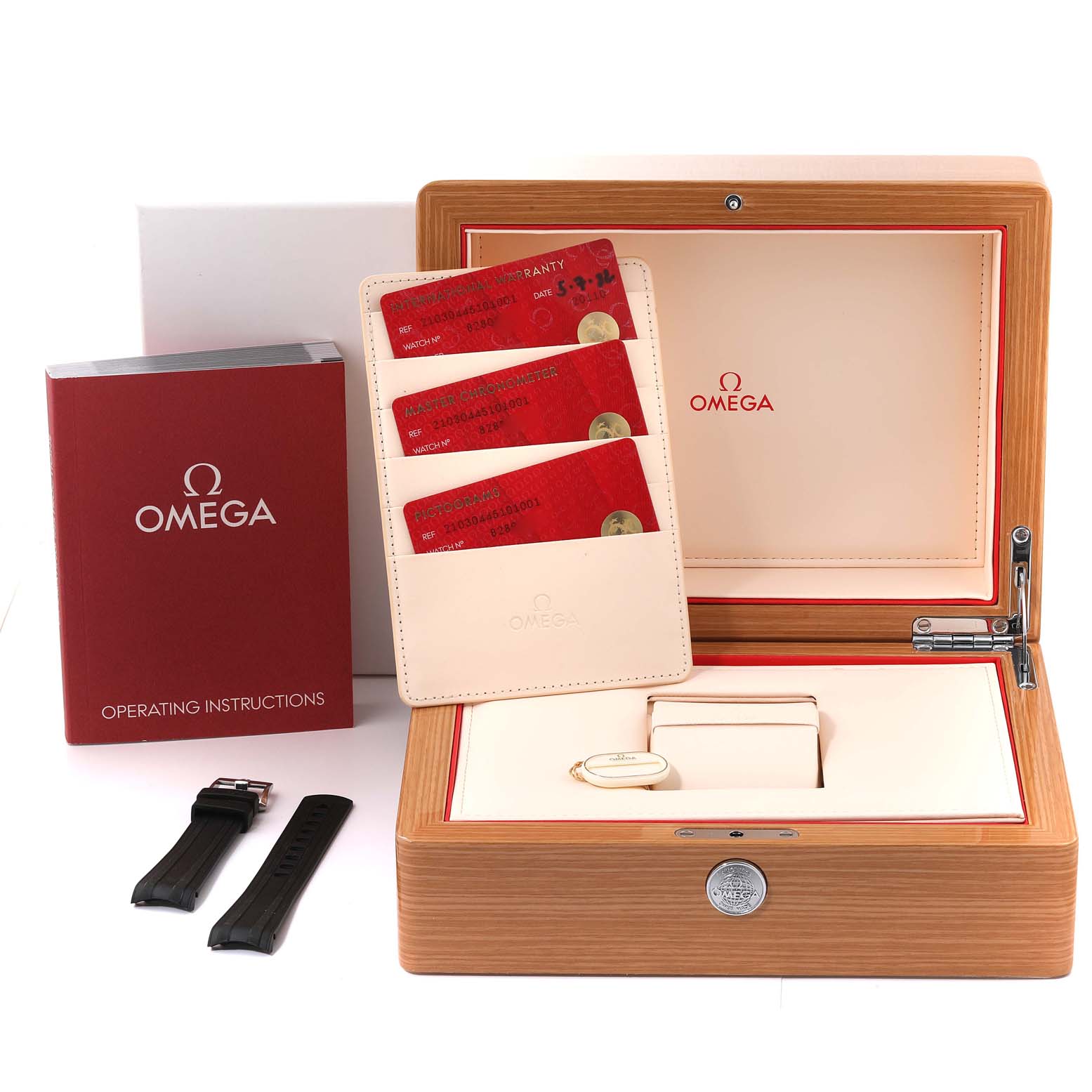 This image shows the accessories of the Omega Seamaster 210.30.44.51.01.001 Men's Stainless Steel Black Dial 210.30.44.51.01.001 Men's Stainless Steel Black Dial watch, including the box, instruction manual, cards, and straps from a front angle.